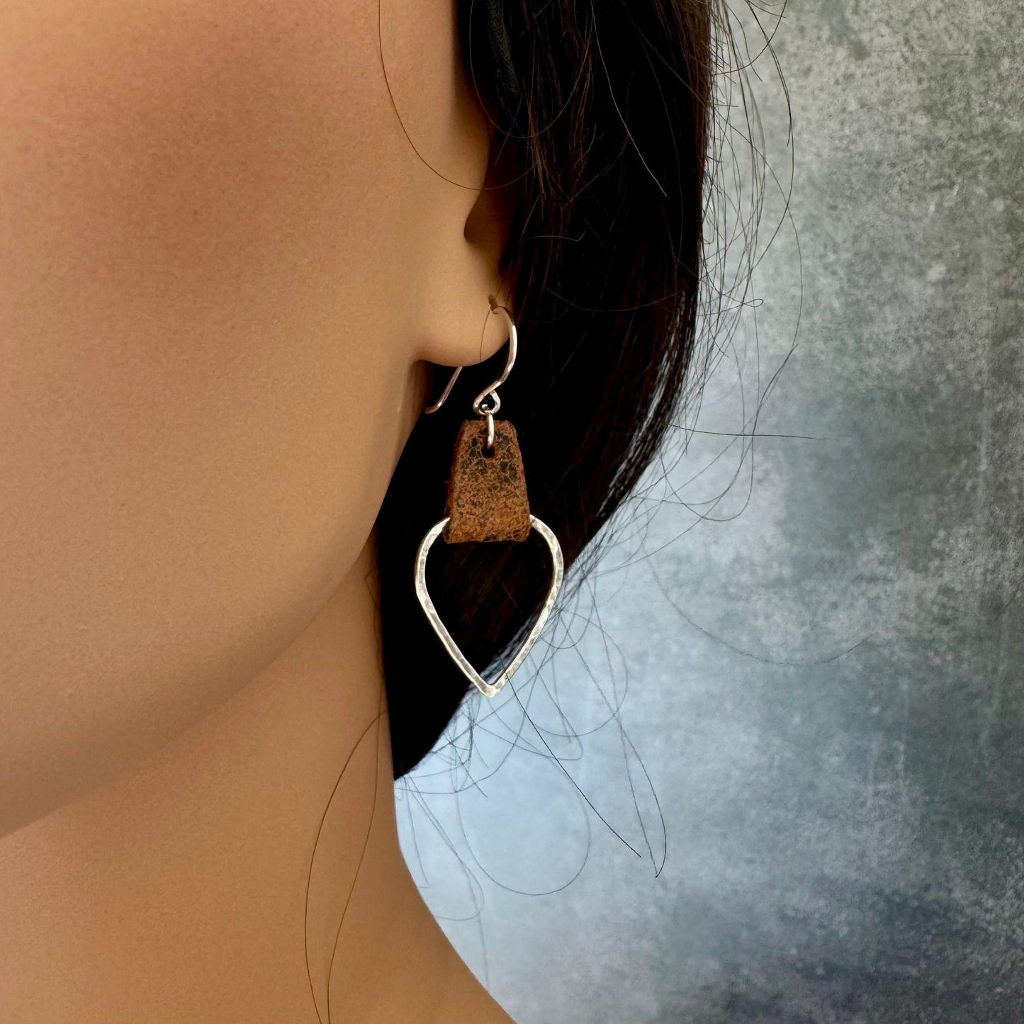 Leather Teardrop Earrings - Sterling Silver Hammered Design in Black or Dark Brown