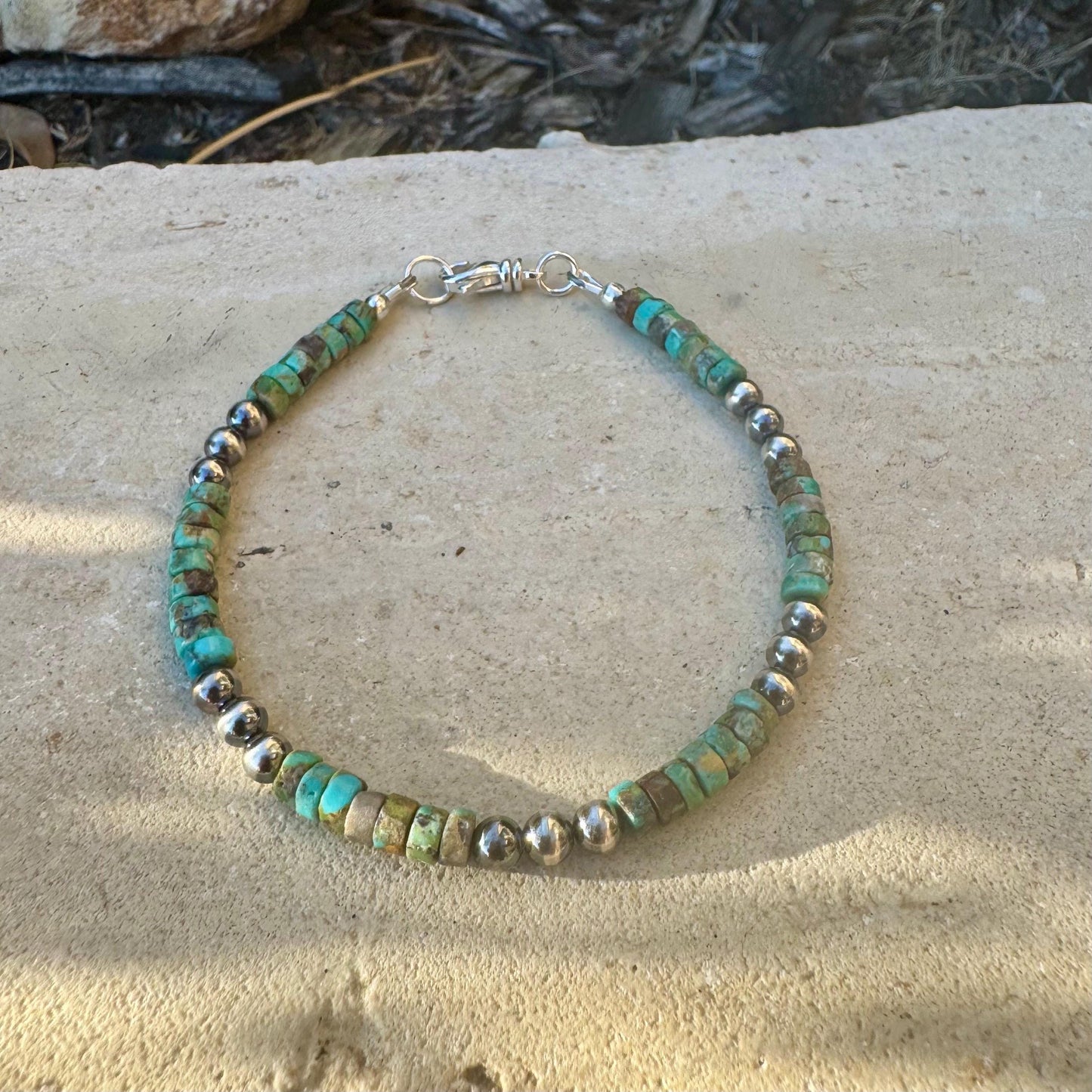 Boho Turquoise & Navajo Pearl Bracelet - Sterling Silver Beaded Jewelry