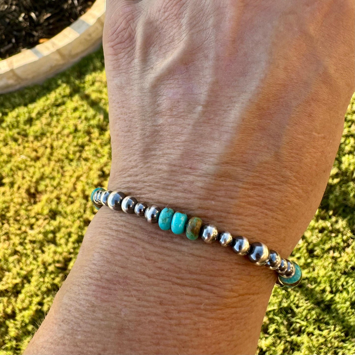 Sterling Silver Navajo Pearl & Kingman Turquoise Bracelet- Blue Green Brown