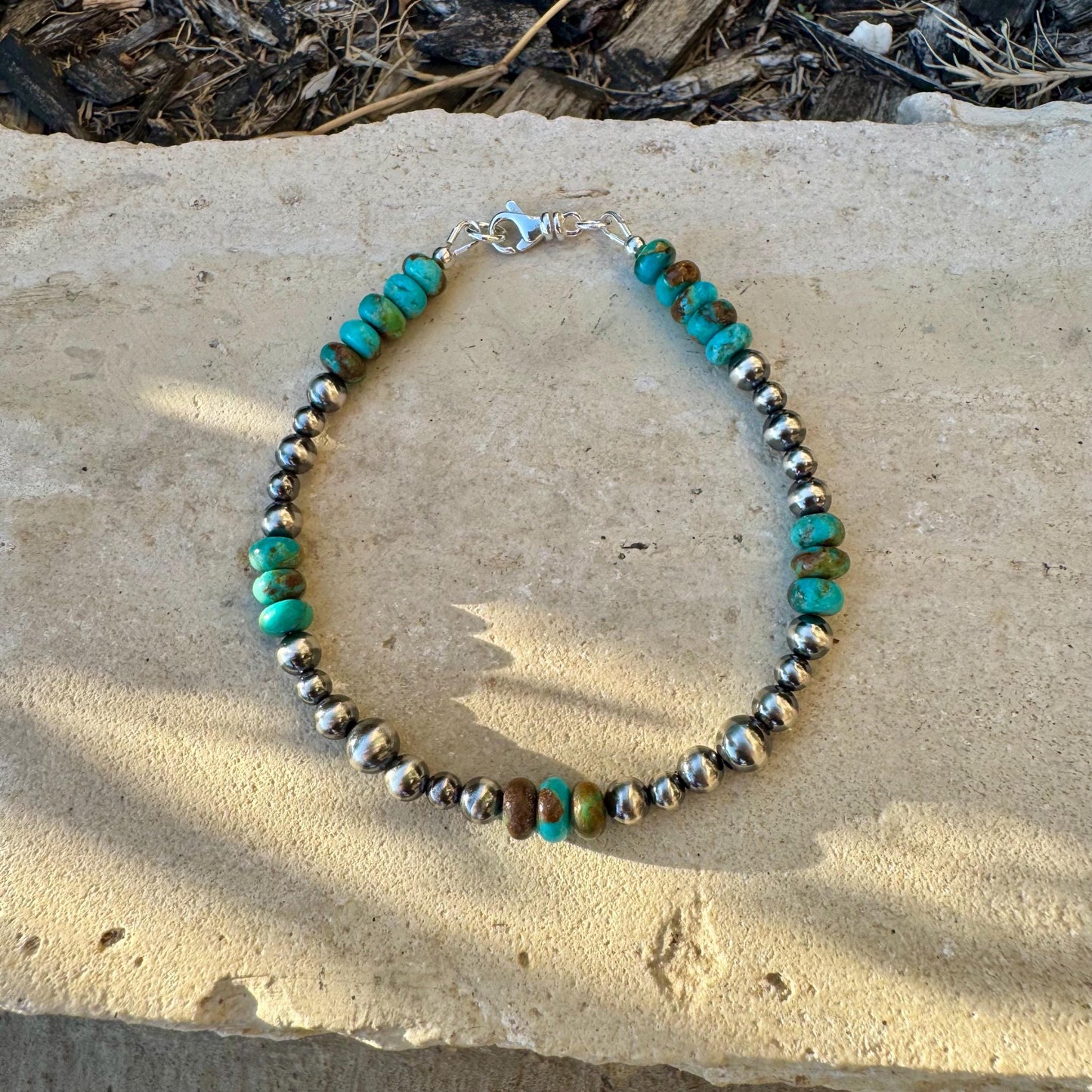 Sterling Silver Navajo Pearl & Kingman Turquoise Bracelet- Blue Green Brown