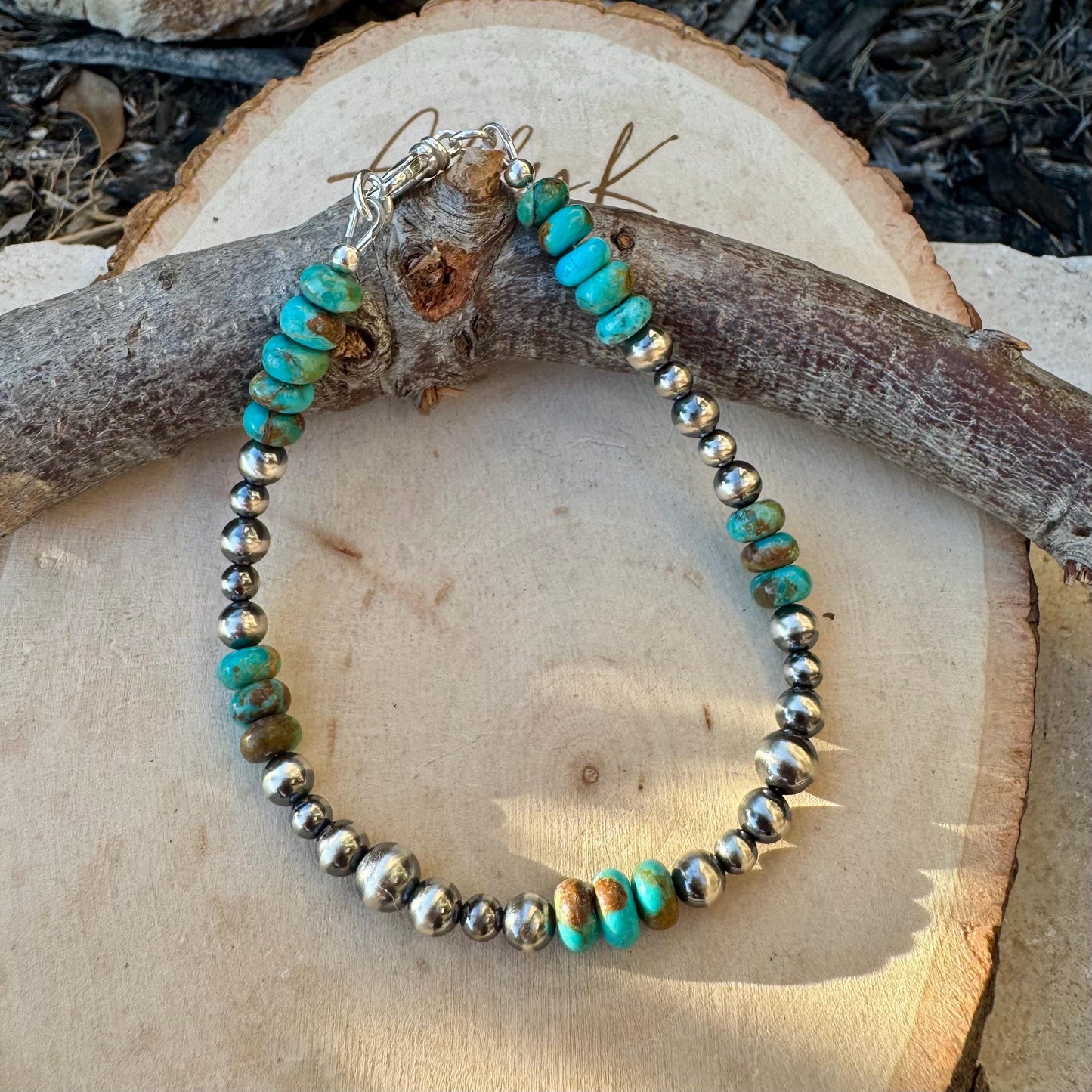 Sterling Silver Navajo Pearl & Kingman Turquoise Bracelet- Blue Green Brown