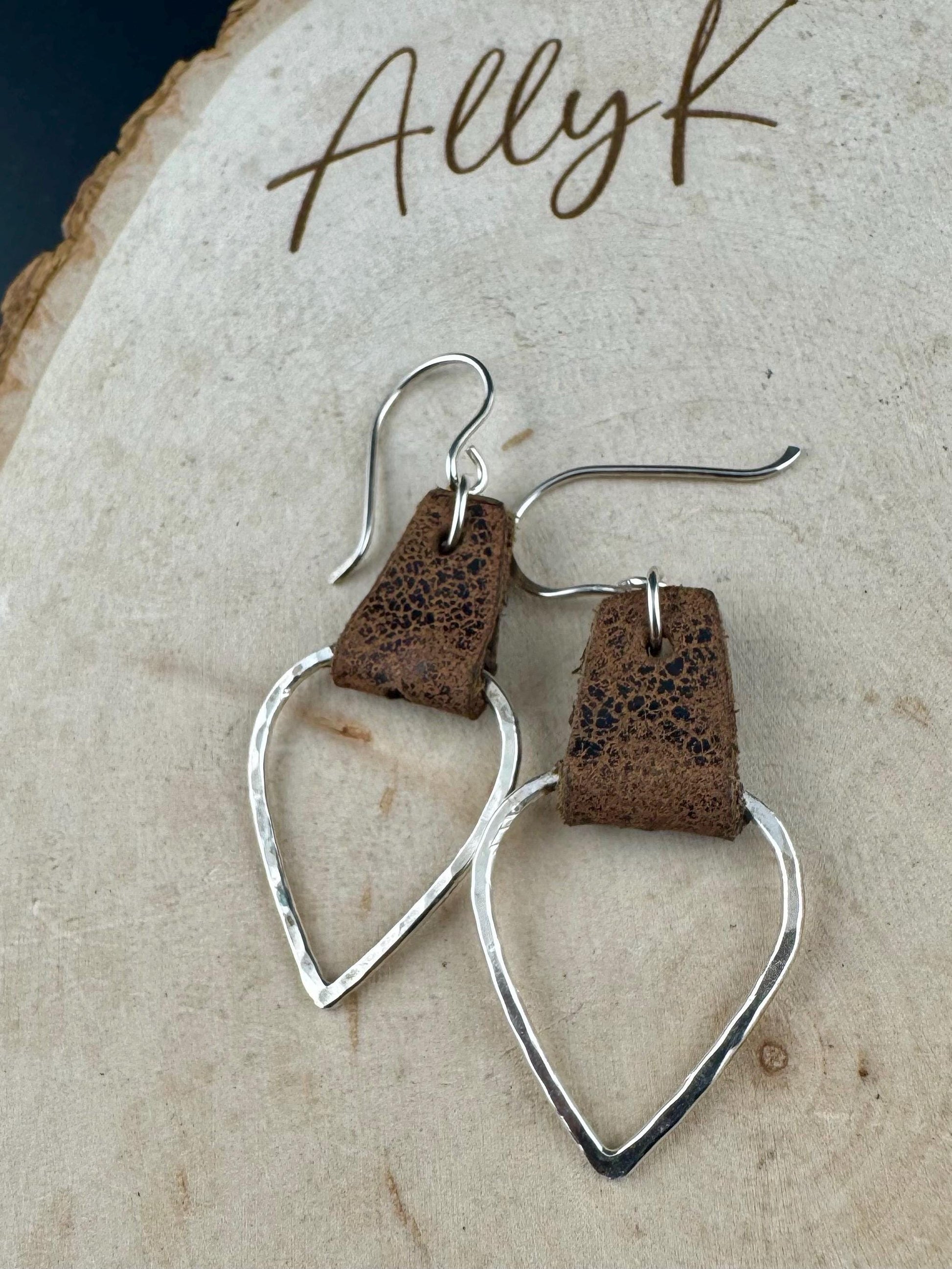 Leather Teardrop Earrings - Sterling Silver Hammered Design in Black or Dark Brown