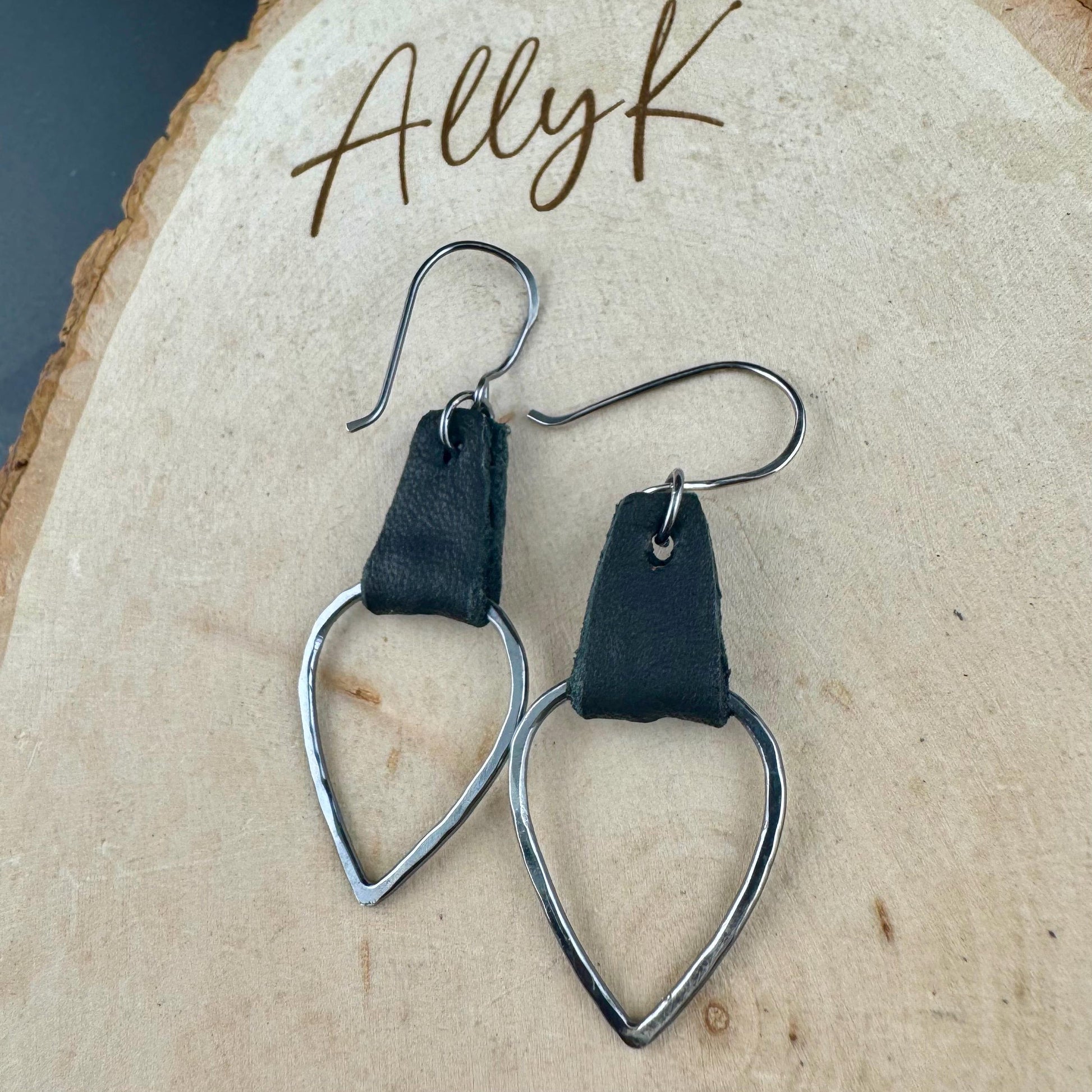 Leather Teardrop Earrings - Sterling Silver Hammered Design in Black or Dark Brown