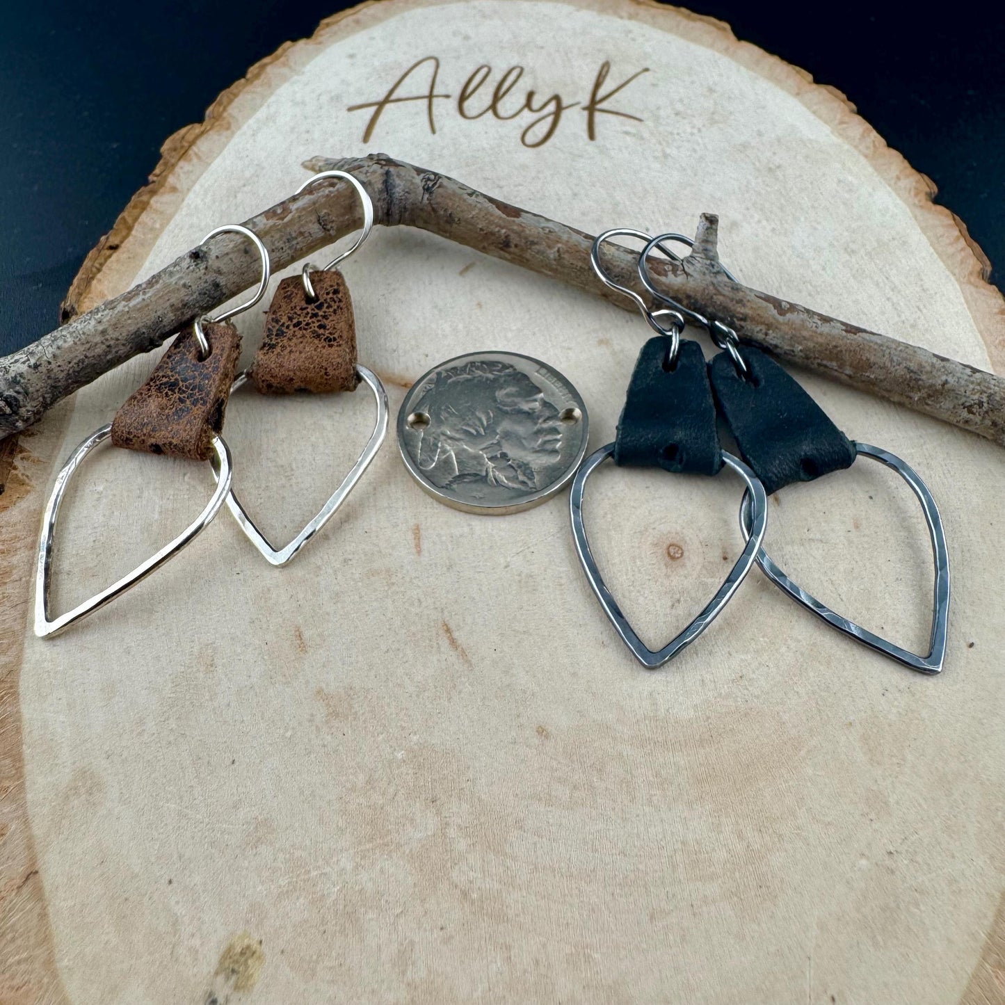 Leather Teardrop Earrings - Sterling Silver Hammered Design in Black or Dark Brown