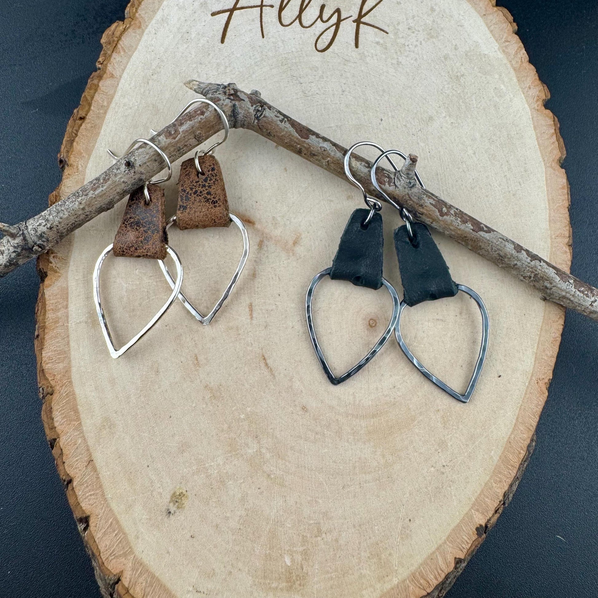 Leather Teardrop Earrings - Sterling Silver Hammered Design in Black or Dark Brown