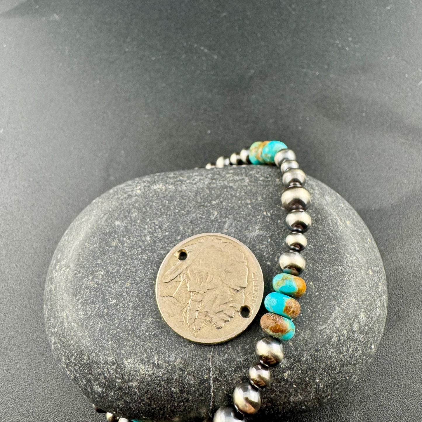 Sterling Silver Navajo Pearl & Kingman Turquoise Bracelet- Blue Green Brown