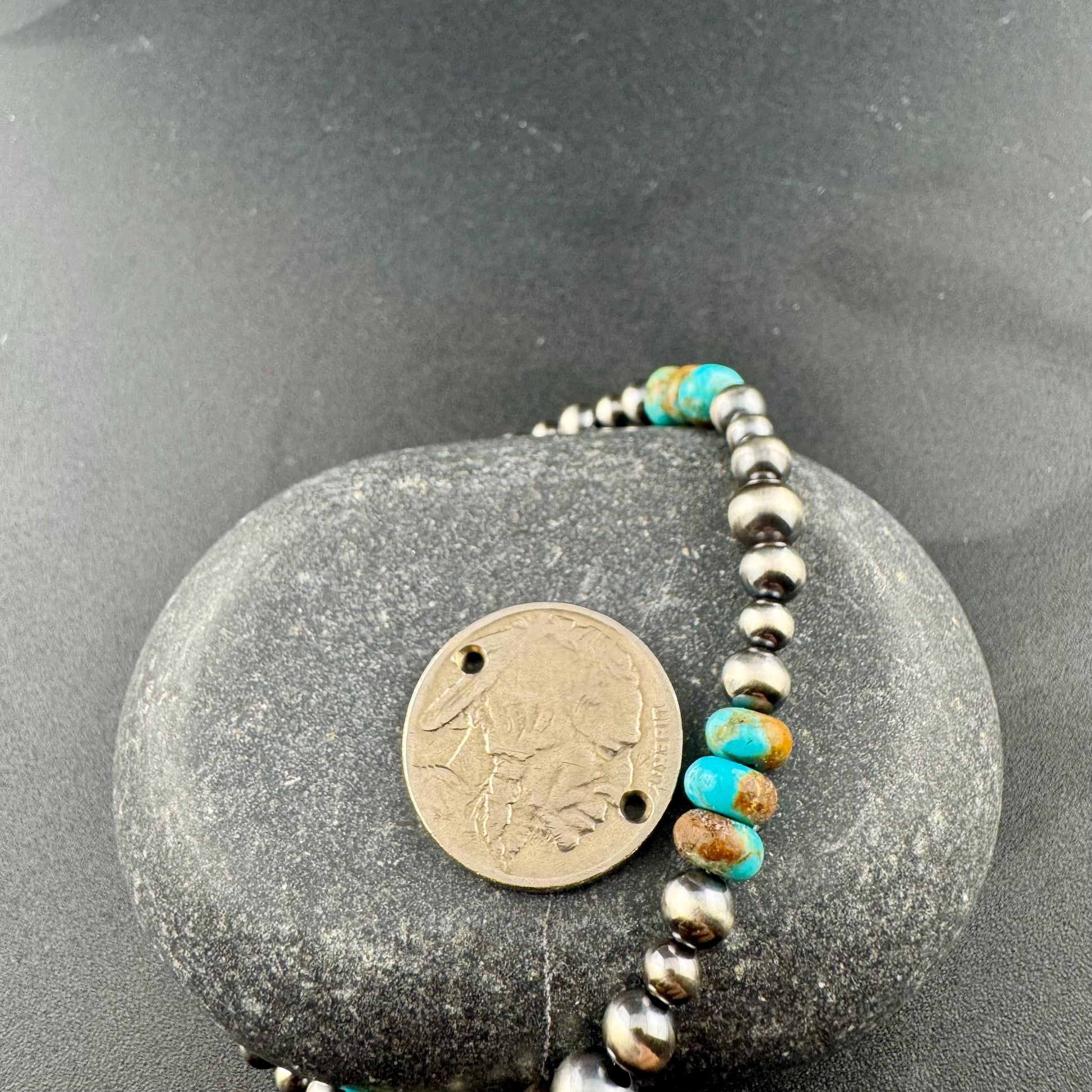 Sterling Silver Navajo Pearl & Kingman Turquoise Bracelet- Blue Green Brown