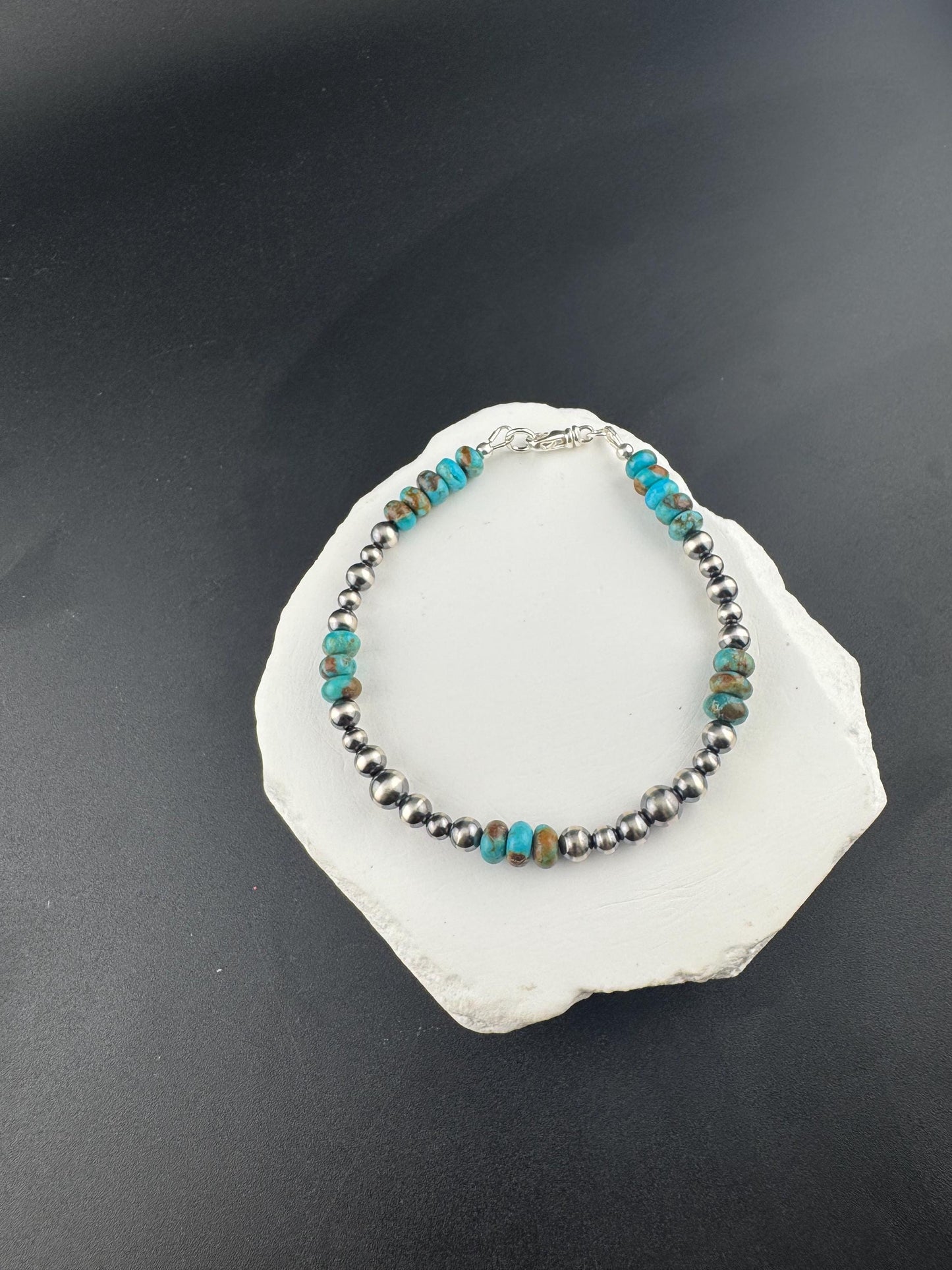 Sterling Silver Navajo Pearl & Kingman Turquoise Bracelet- Blue Green Brown