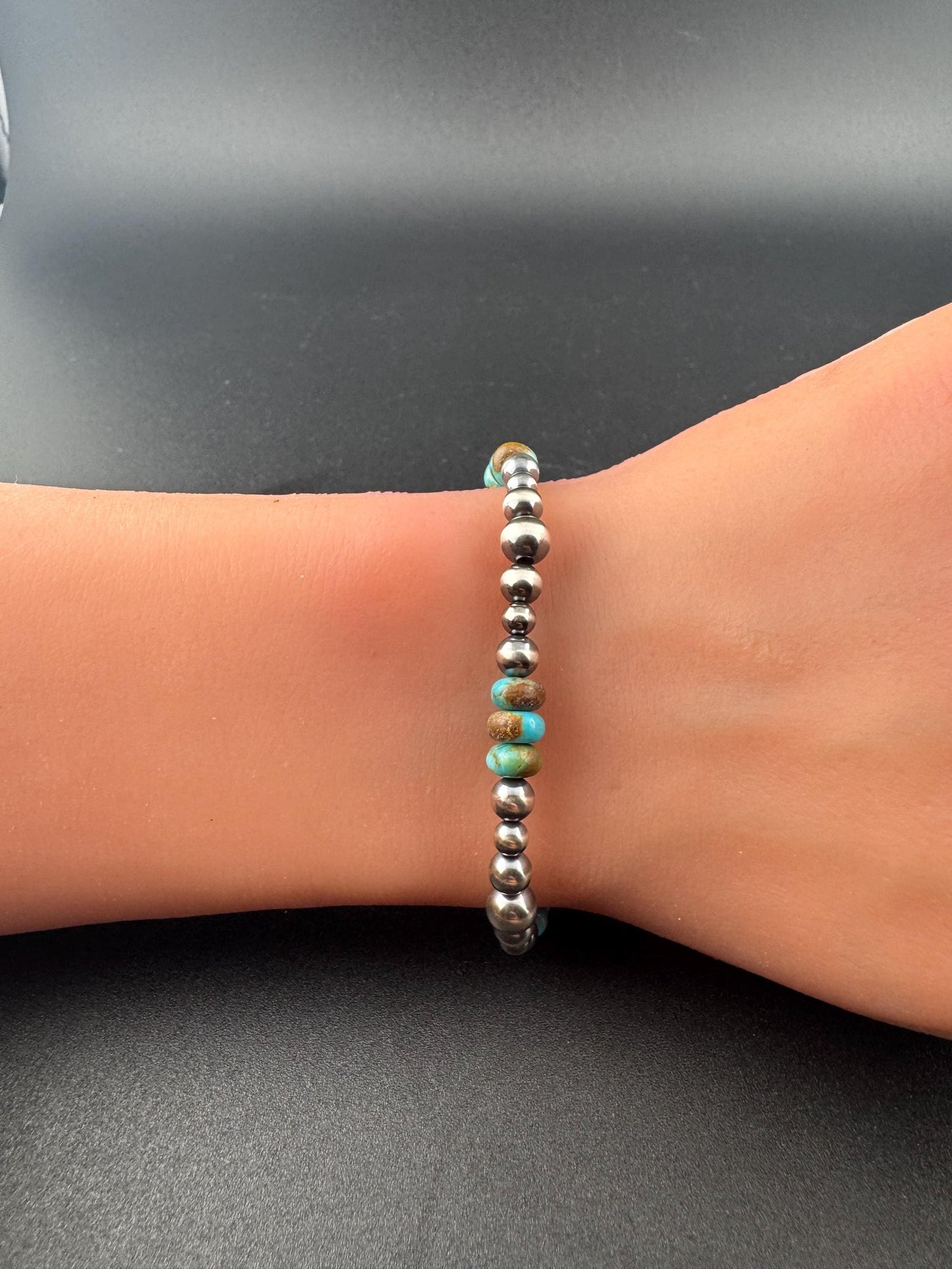 Sterling Silver Navajo Pearl & Kingman Turquoise Bracelet- Blue Green Brown