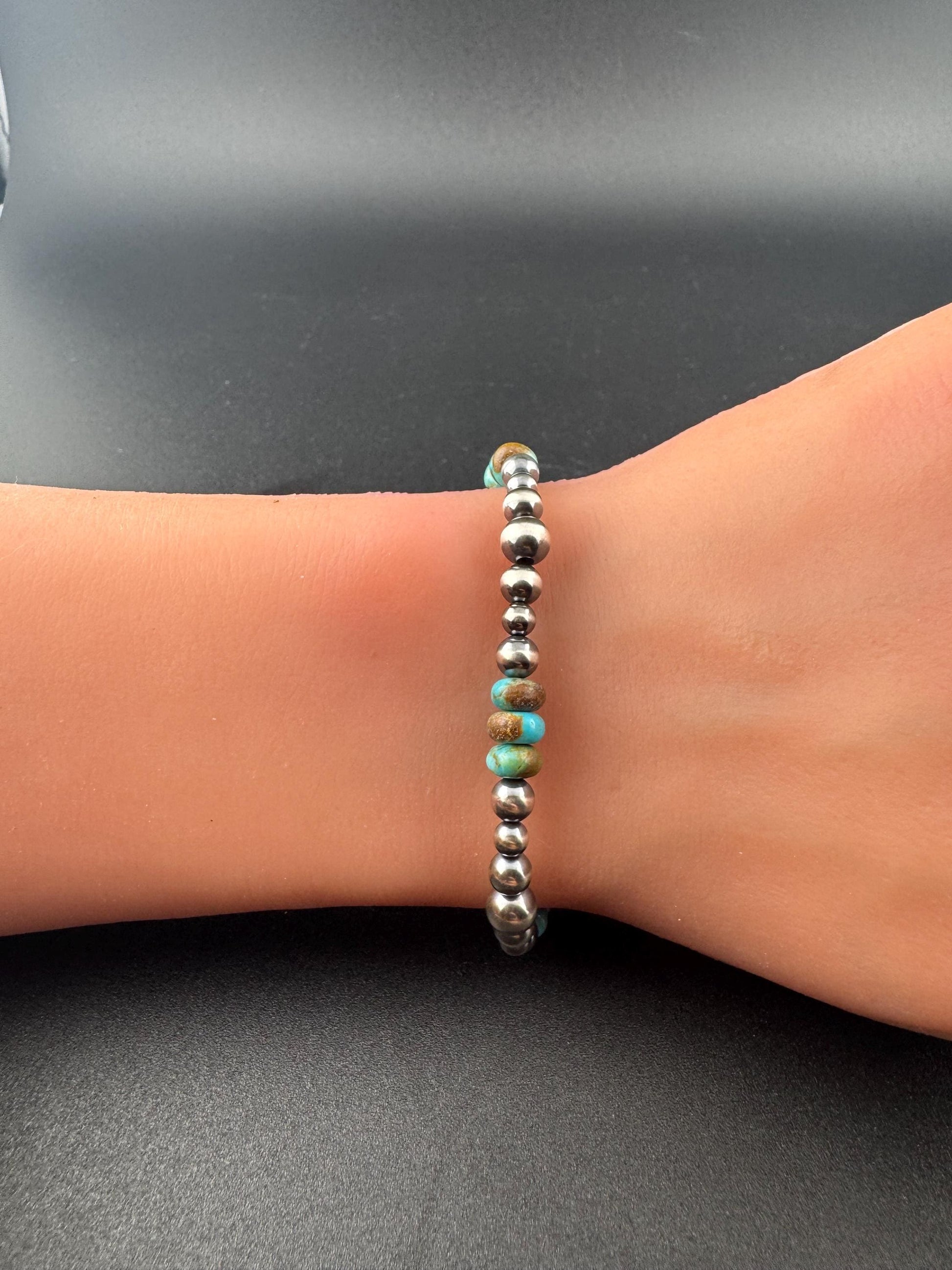 Sterling Silver Navajo Pearl & Kingman Turquoise Bracelet- Blue Green Brown