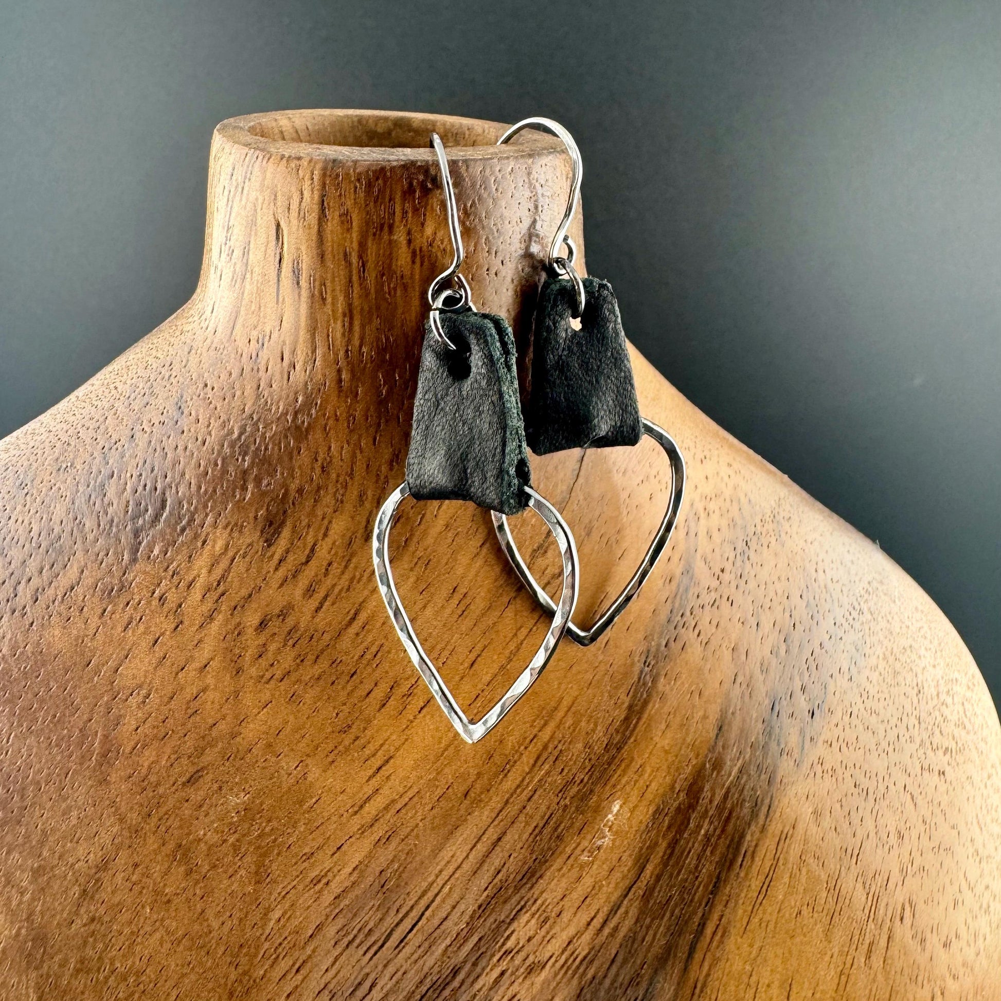 Leather Teardrop Earrings - Sterling Silver Hammered Design in Black or Dark Brown
