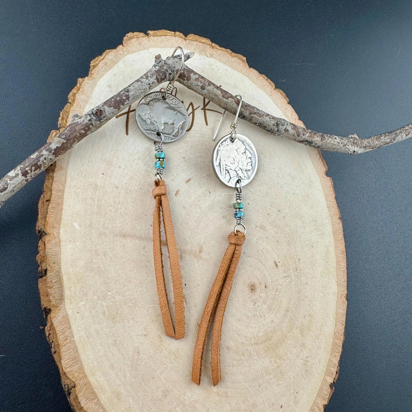 Indian Head Buffalo Nickel Earrings, Deerskin Leather Earrings, Turquoise Gemstone Jewelry, Leather Earrings, Bohemian Style