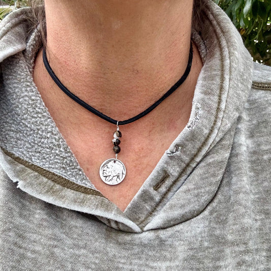 Indian Head Buffalo Nickel Necklace on Deerskin Lace with White Buffalo Gemstone