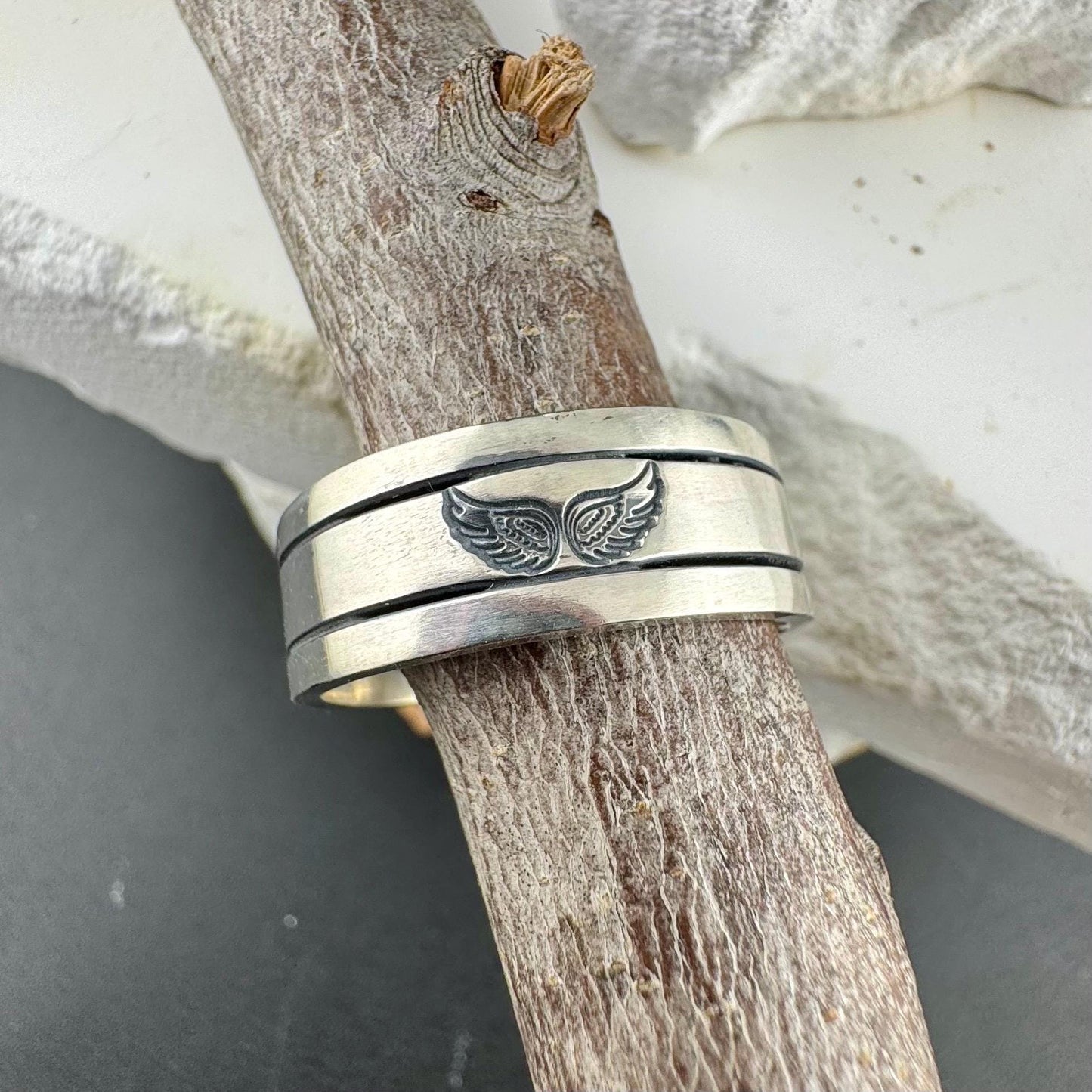 Sterling Silver 8mm Angel Wing Band Ring - Unique Men's Jewelry Gift