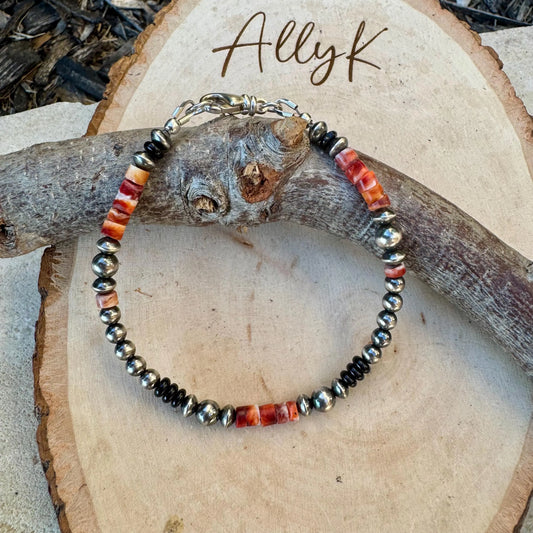 Onyx & Navajo Pearl Bracelet with Spiny Oyster – Sterling Silver Gemstone Jewelry