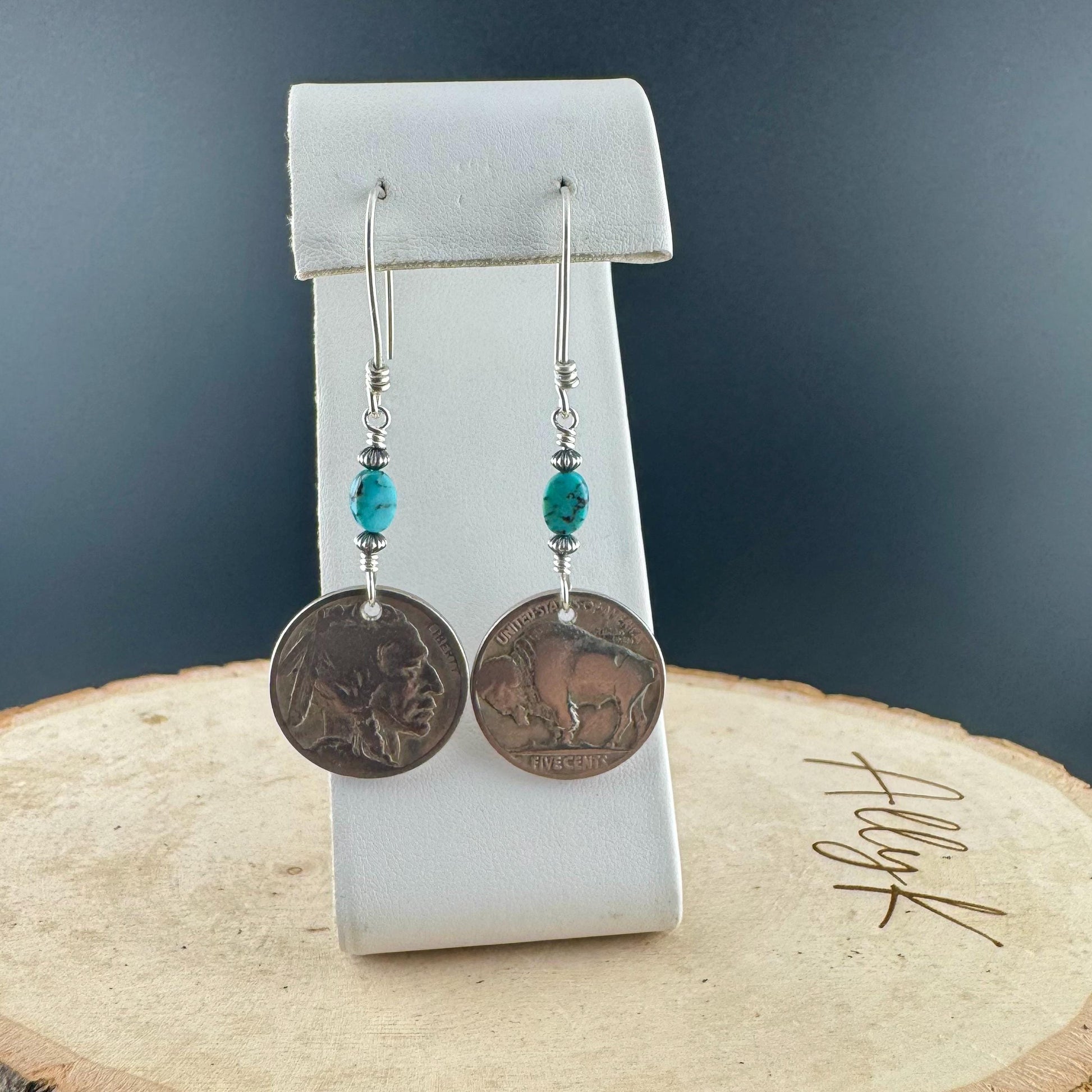 Indian Buffalo Nickel Earrings with Royston Turquoise & Navajo Pearl Accents