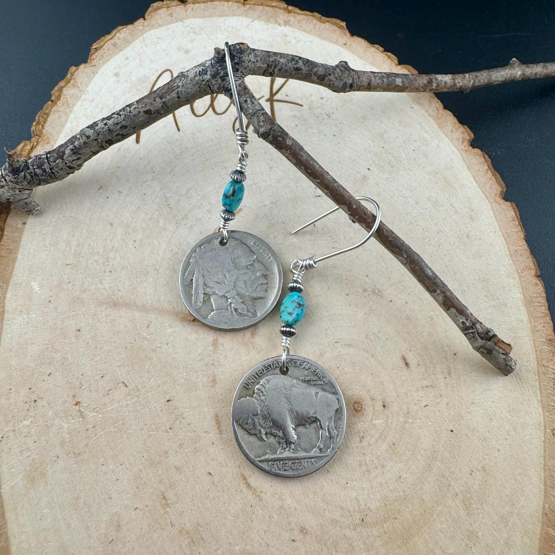 Indian Buffalo Nickel Earrings with Royston Turquoise & Navajo Pearl Accents
