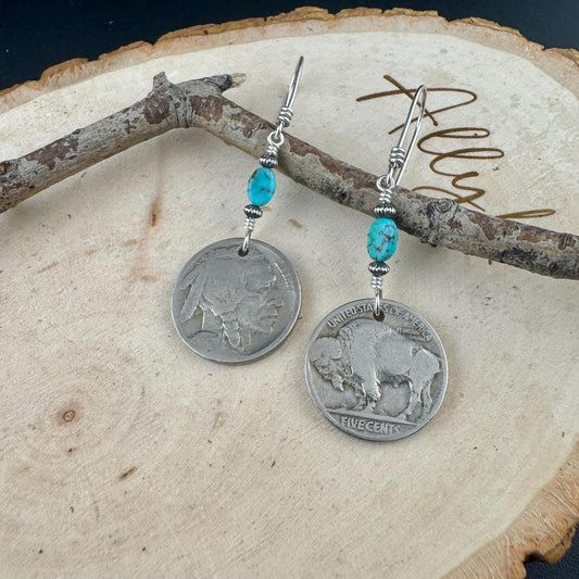 Indian Buffalo Nickel Earrings with Royston Turquoise & Navajo Pearl Accents
