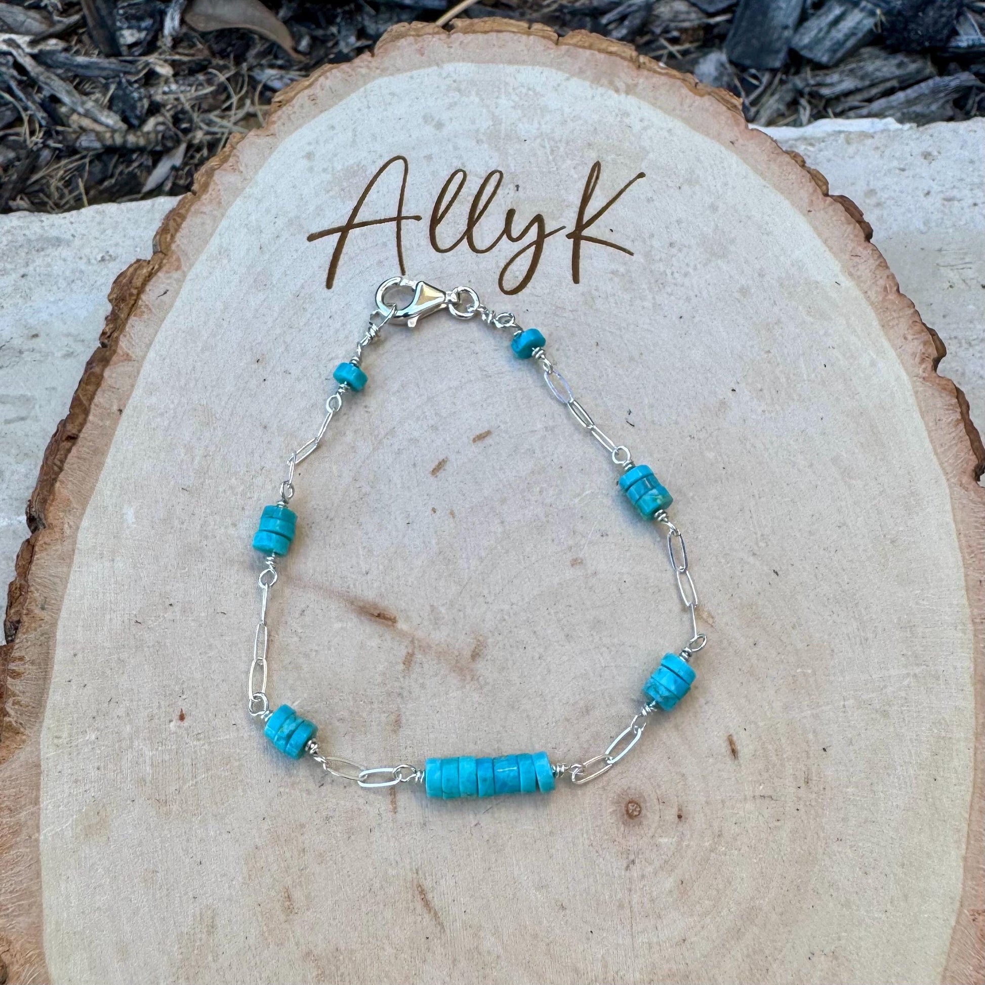Kingman Turquoise Wire Wrapped Bracelet with Sterling Silver Cable Chain