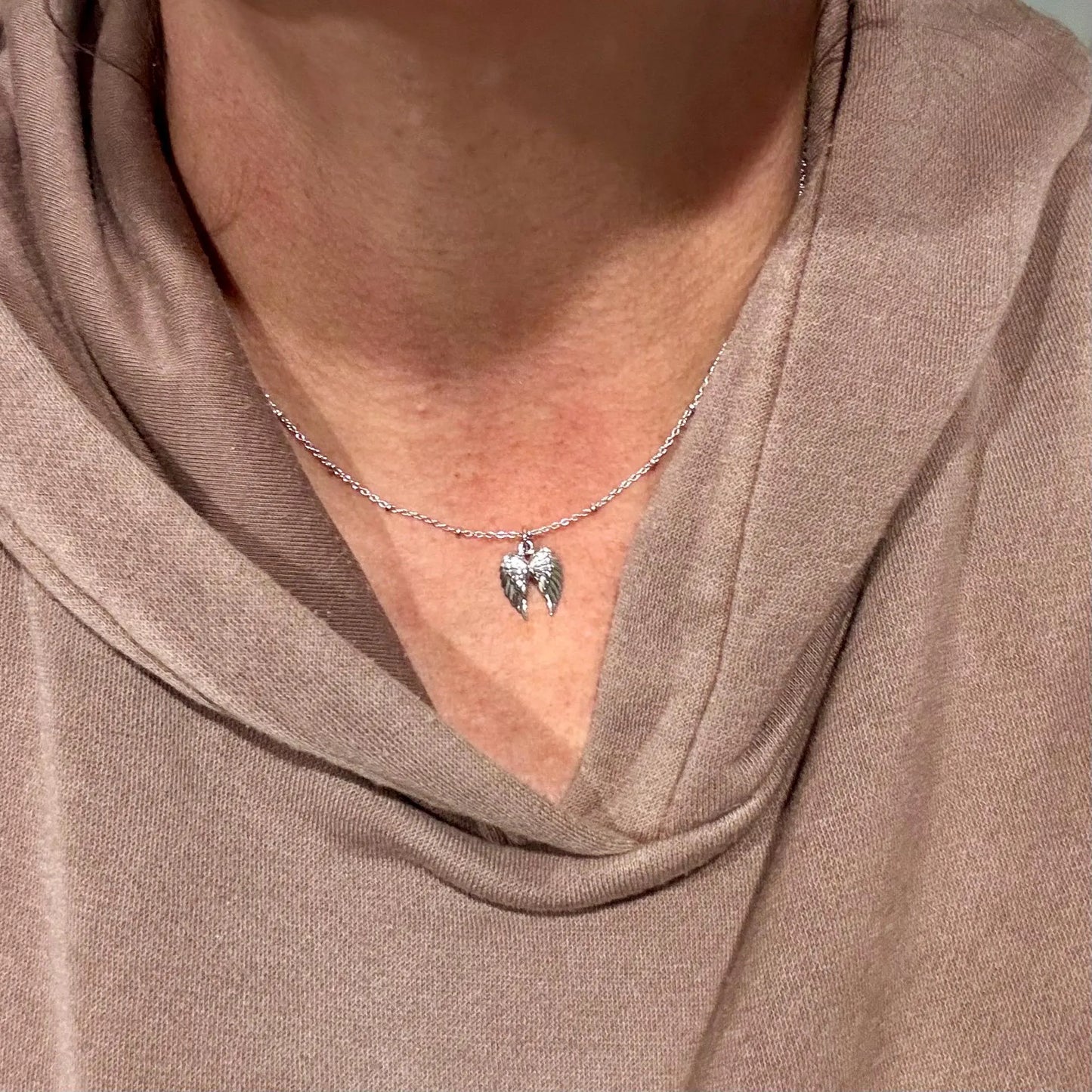 Sterling Silver Angel Wing Pendant Necklace – Dainty Satellite Chain