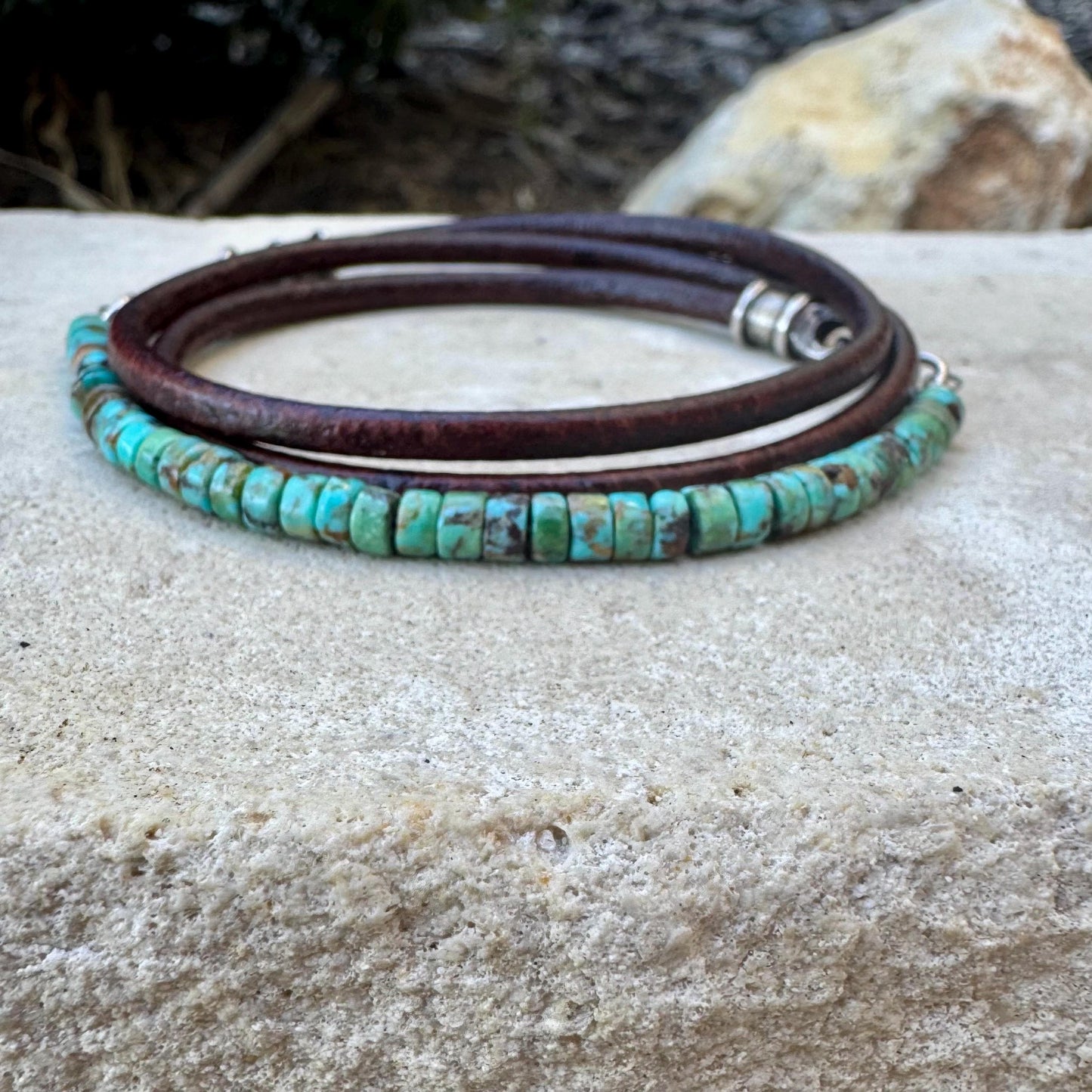 Wrap Turquoise Leather Bracelet – Sterling Silver Accents | Handcrafted Boho Unisex Cuff Jewelry
