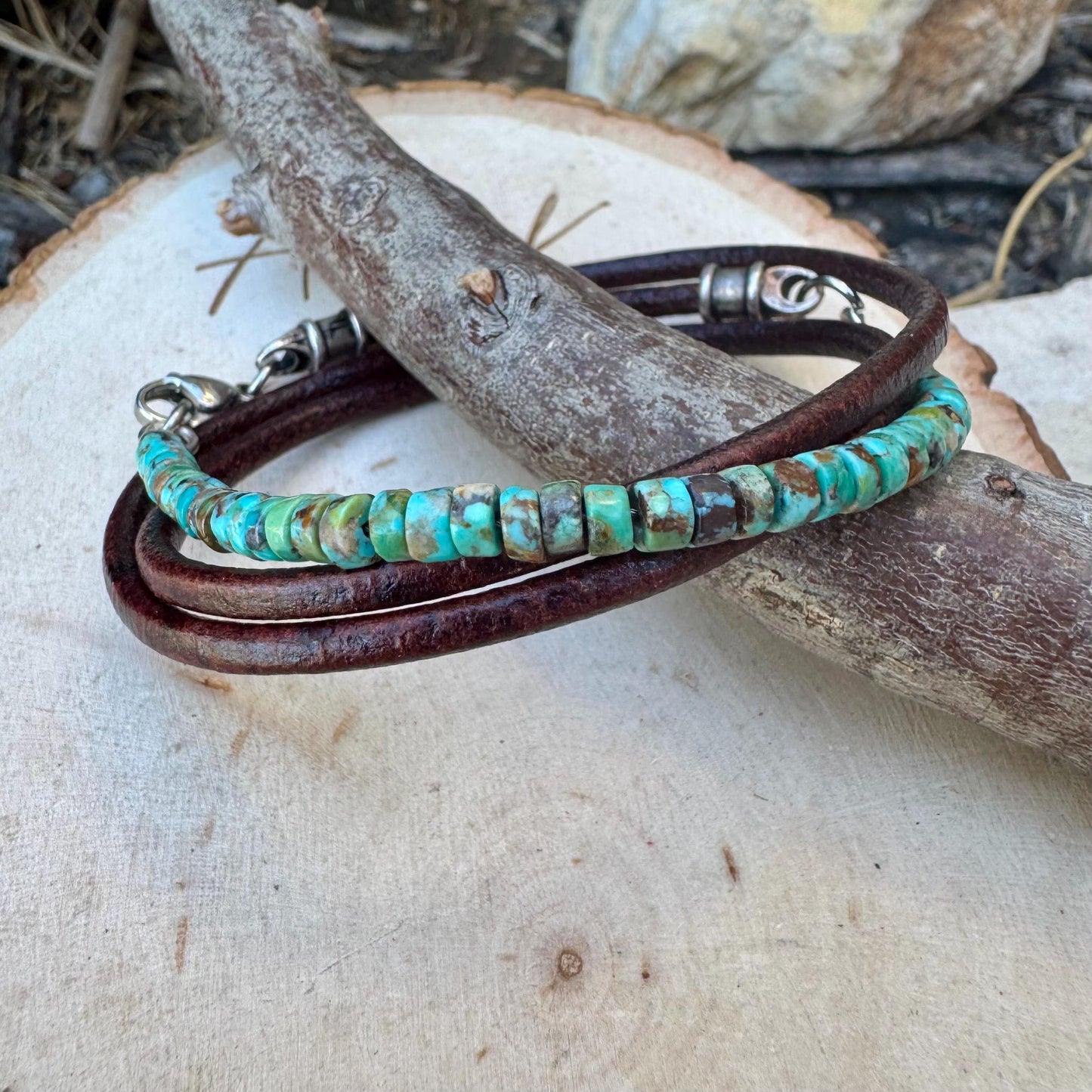 Wrap Turquoise Leather Bracelet – Sterling Silver Accents | Handcrafted Boho Unisex Cuff Jewelry