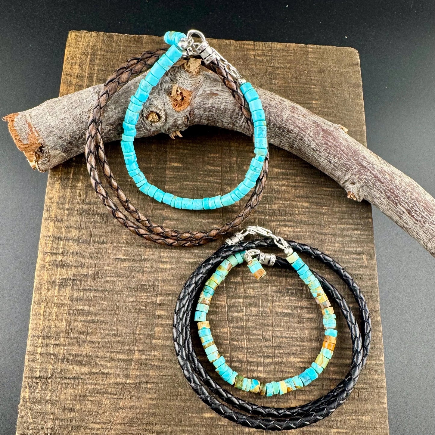Braided Leather Multi Wrap Bracelet with Kingman Turquoise & Sterling Silver – Unisex Cuff