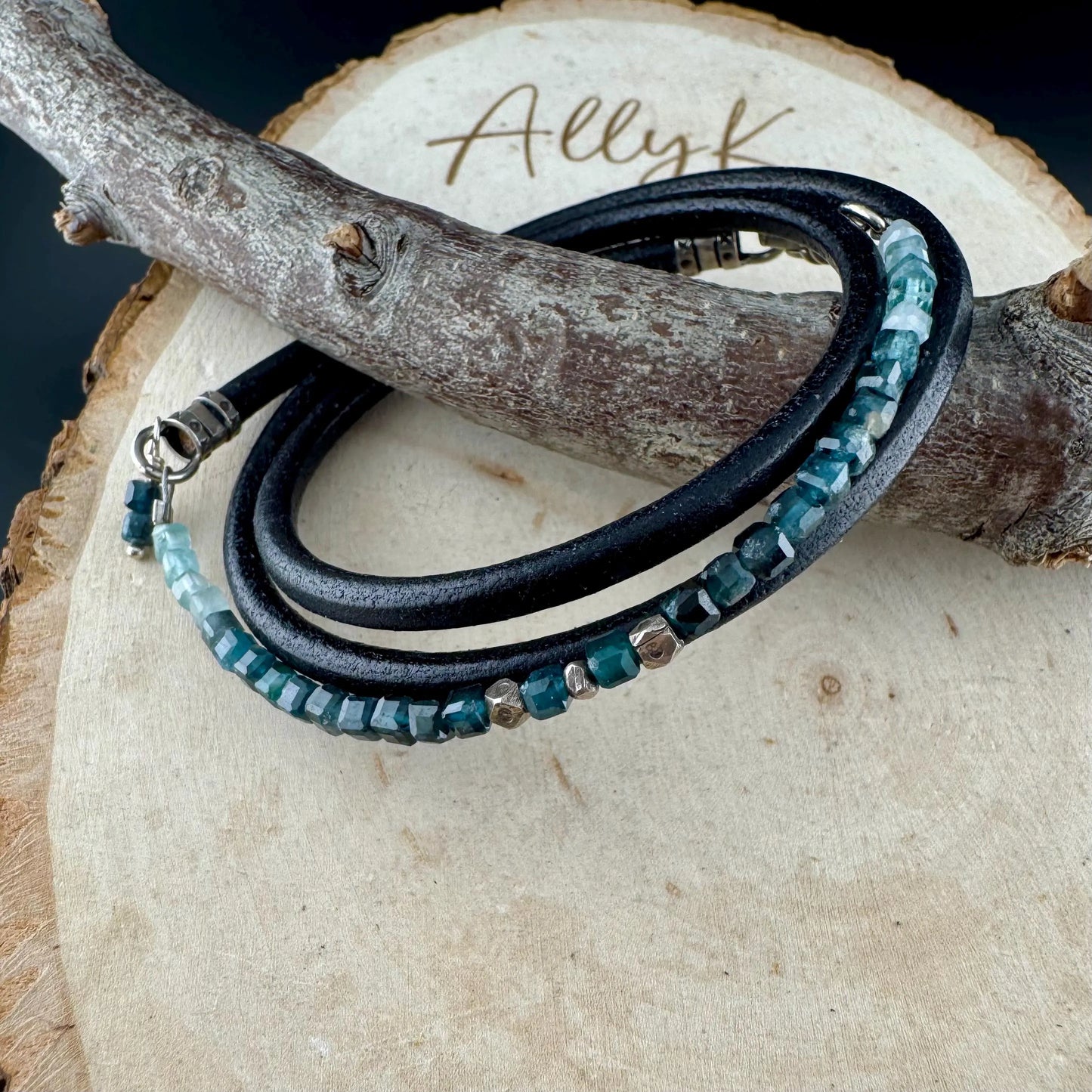 Leather Wrap Bracelet, Tourmaline Paraiba Blue Bracelet, Gemstone Wrap Bracelet, Beaded Wrap Bracelet,