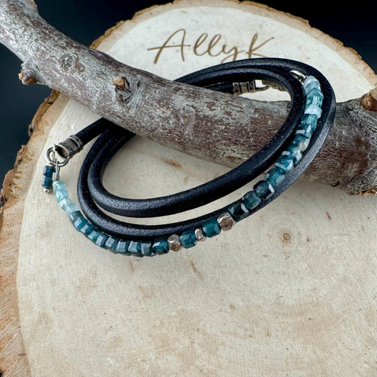 Leather Wrap Bracelet, Tourmaline Paraiba Blue Bracelet, Gemstone Wrap Bracelet, Beaded Wrap Bracelet,