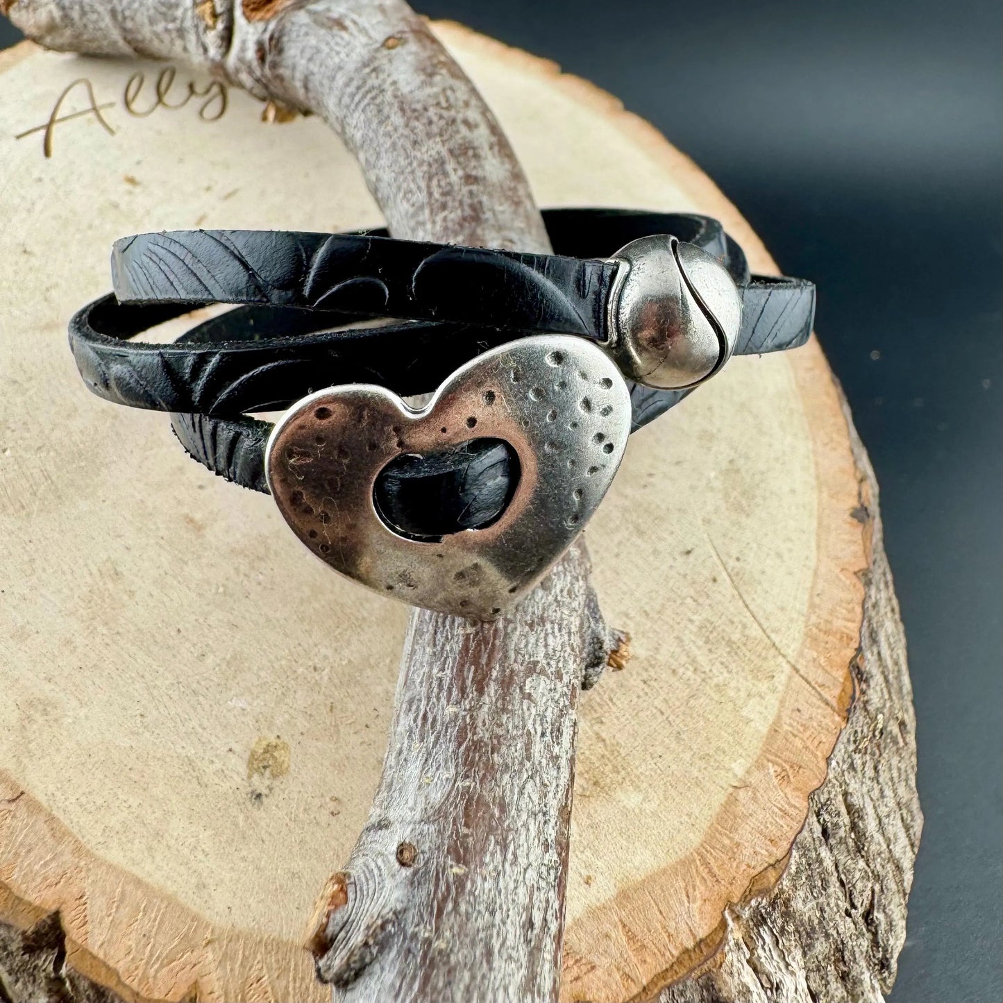 Embossed Leather Wrap Bracelet with Silver Heart & Magnetic Clasp