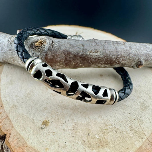 Braided leather bracelet with silver slider and magnet closure / wrap leather bracelet