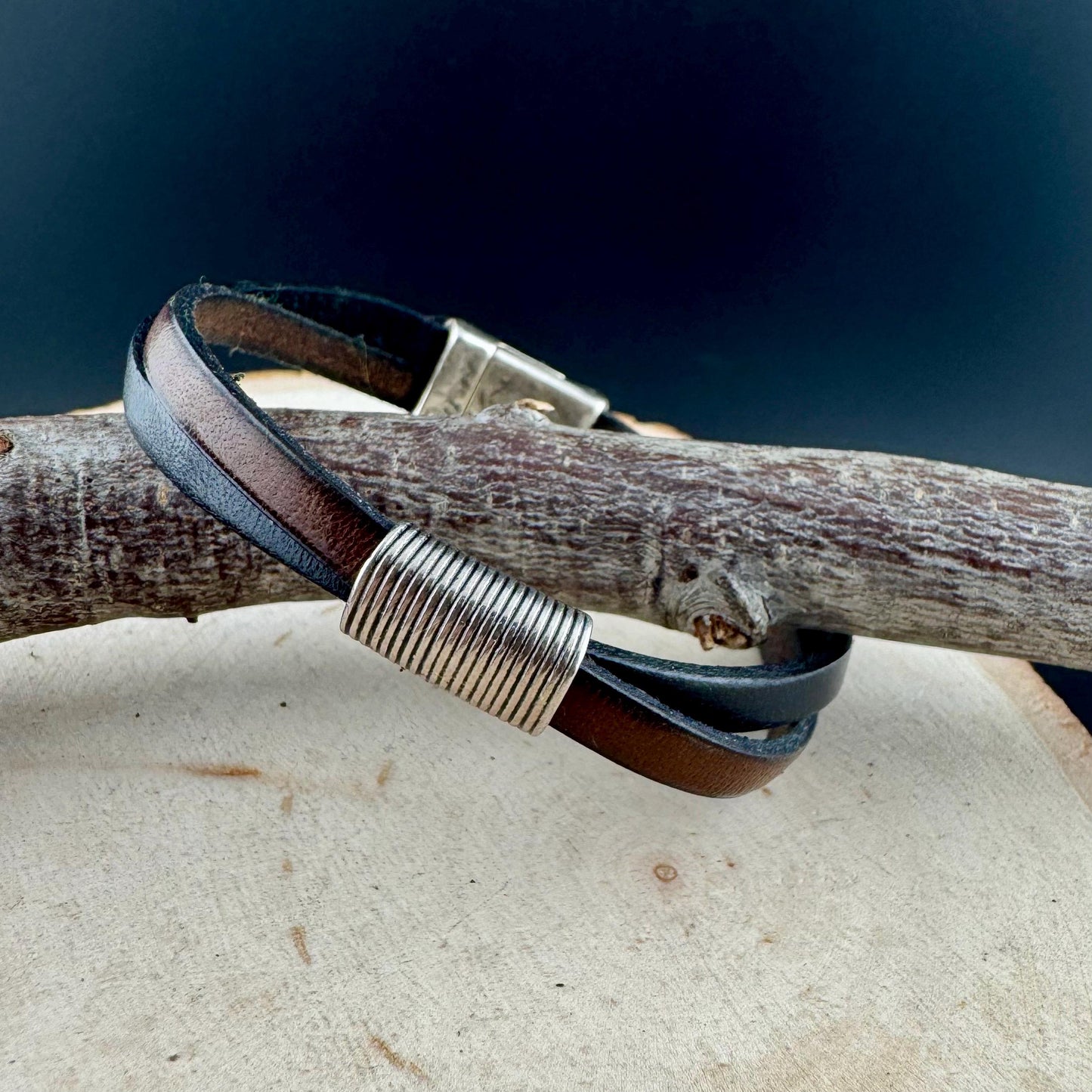 Leather bracelet with magnet closure, dark brown and black leather crossover / genuine leather bracelet