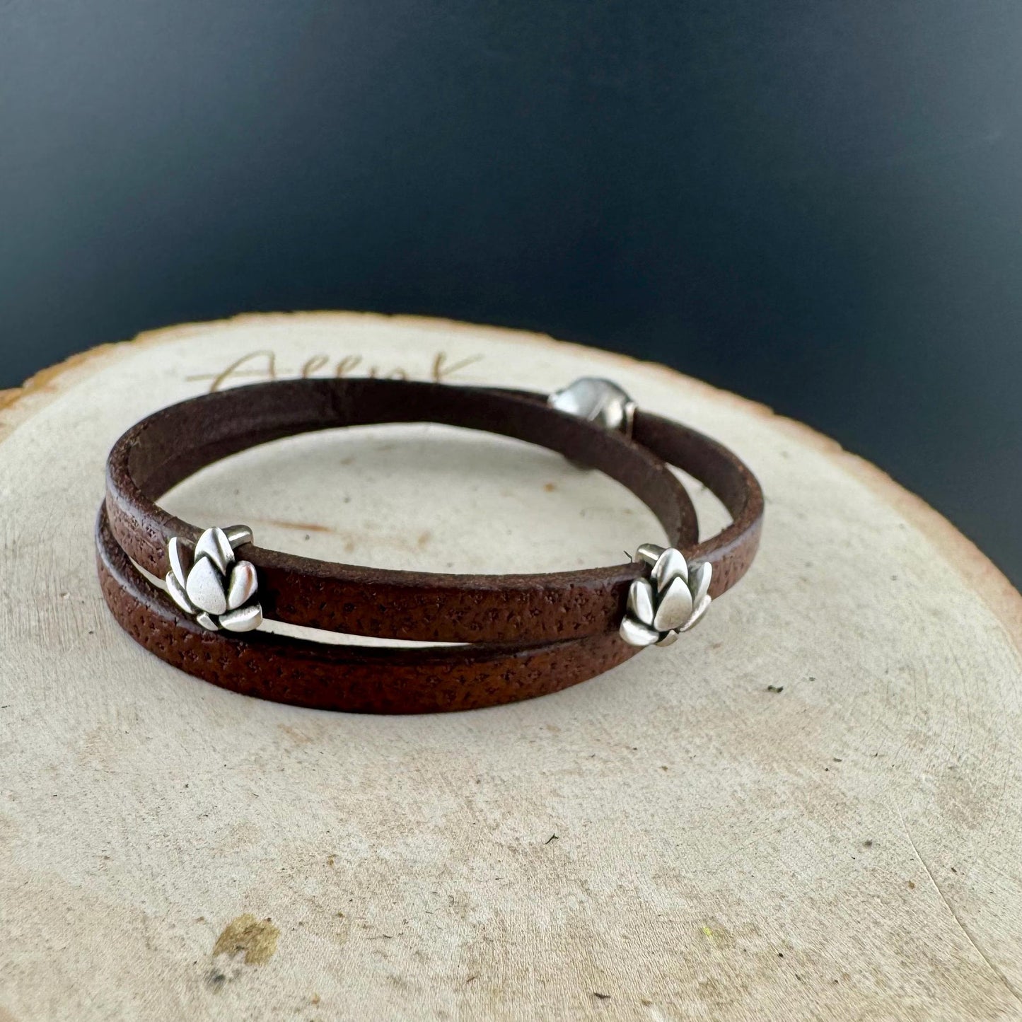 Camel Leather Wrap Bracelet with Lotus Flower Spacers and Magnet Closure