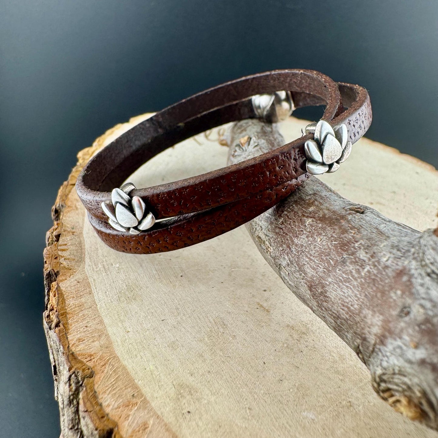 Camel Leather Wrap Bracelet with Lotus Flower Spacers and Magnet Closure