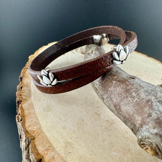 Camel Leather Wrap Bracelet with Lotus Flower Spacers and Magnet Closure