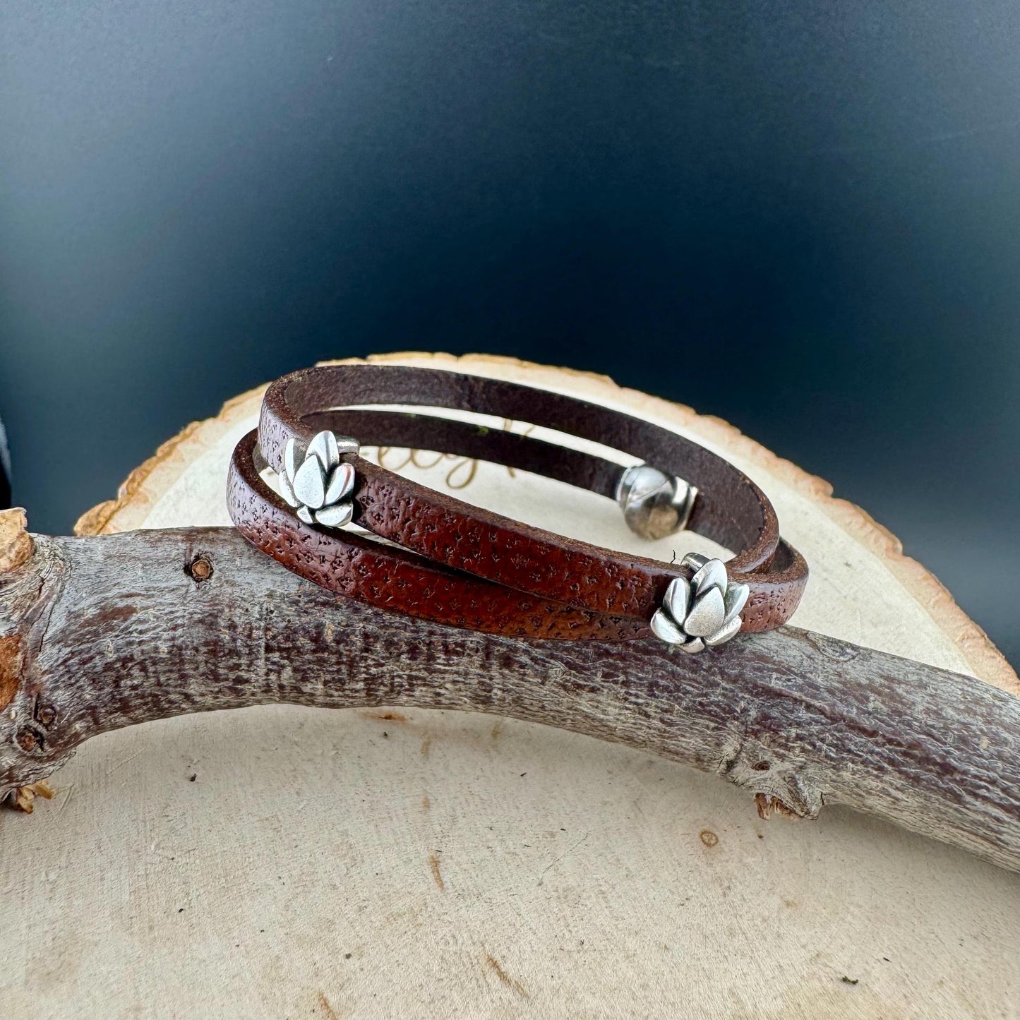 Camel Leather Wrap Bracelet with Lotus Flower Spacers and Magnet Closure