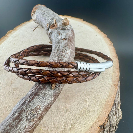 Genuine Leather Multi Wrap Bracelet - Braided Design with Bayonet Closure, Unisex Gift