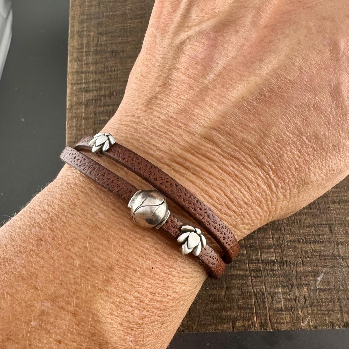 Camel Leather Wrap Bracelet with Lotus Flower Spacers and Magnet Closure