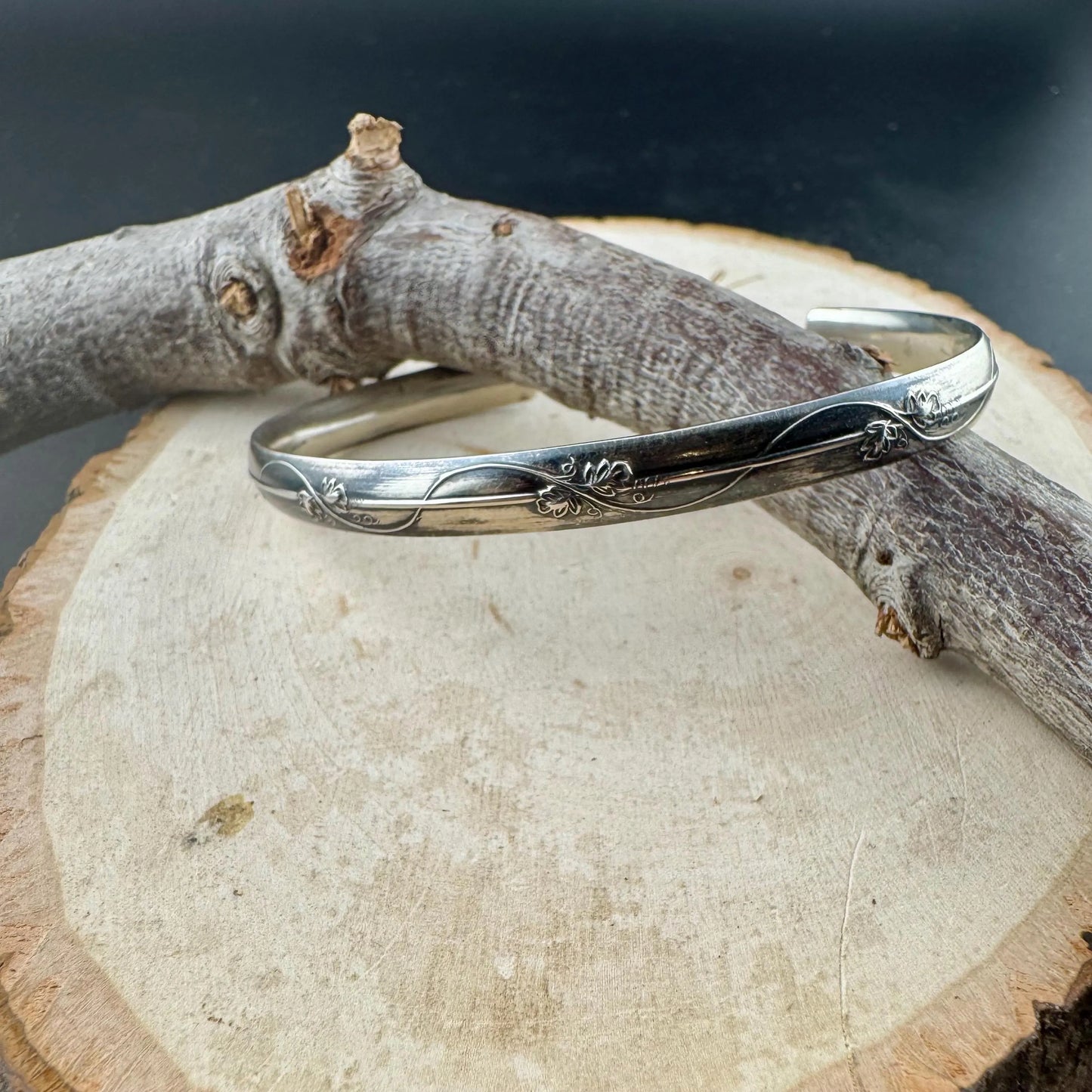 Flower & Vine Sterling Silver Cuff Bracelet – Oxidized Floral Pattern | Nature-Inspired Artisan Jewelry