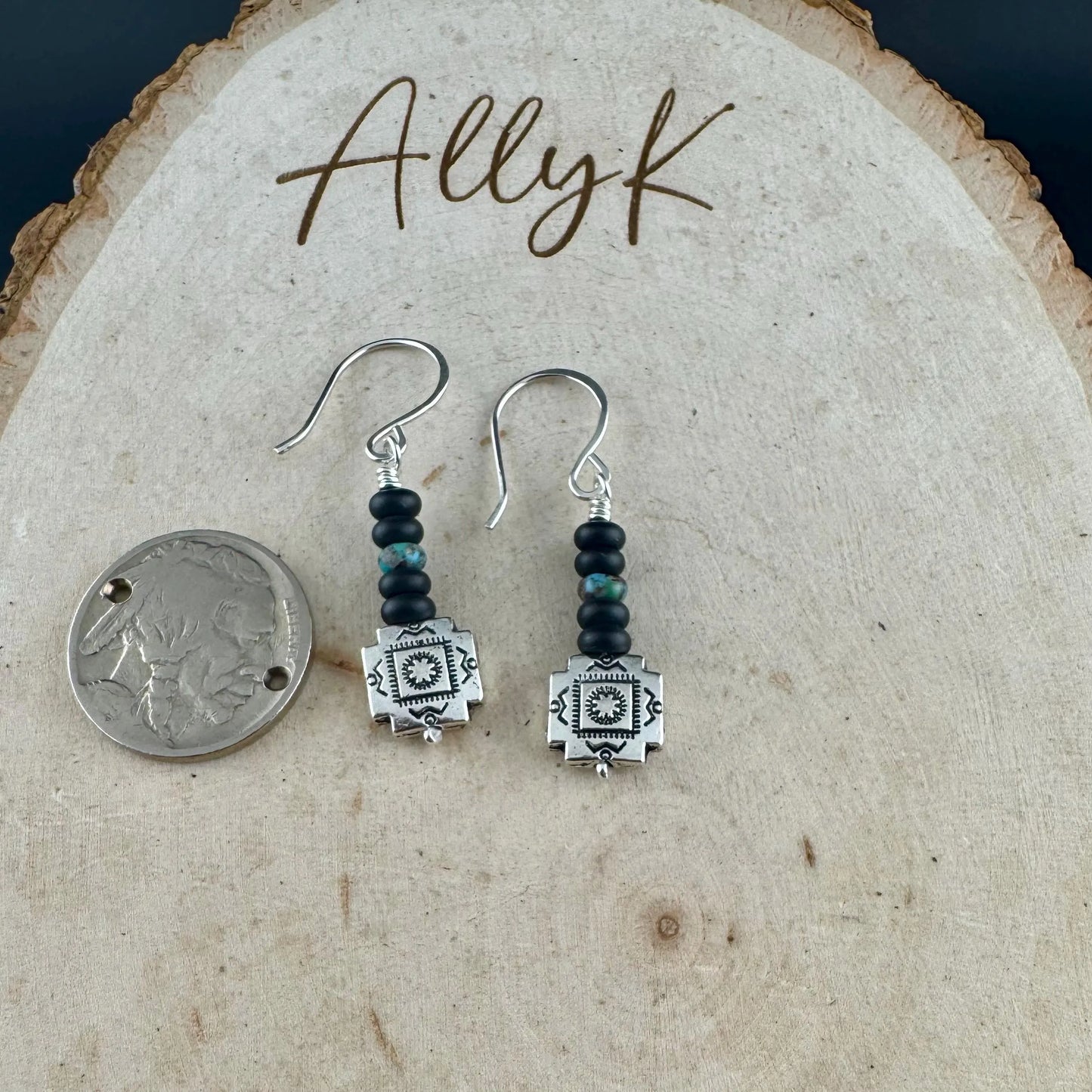 Turquoise & Onyx Dangle Earrings: Southwestern Aztec Sterling Silver