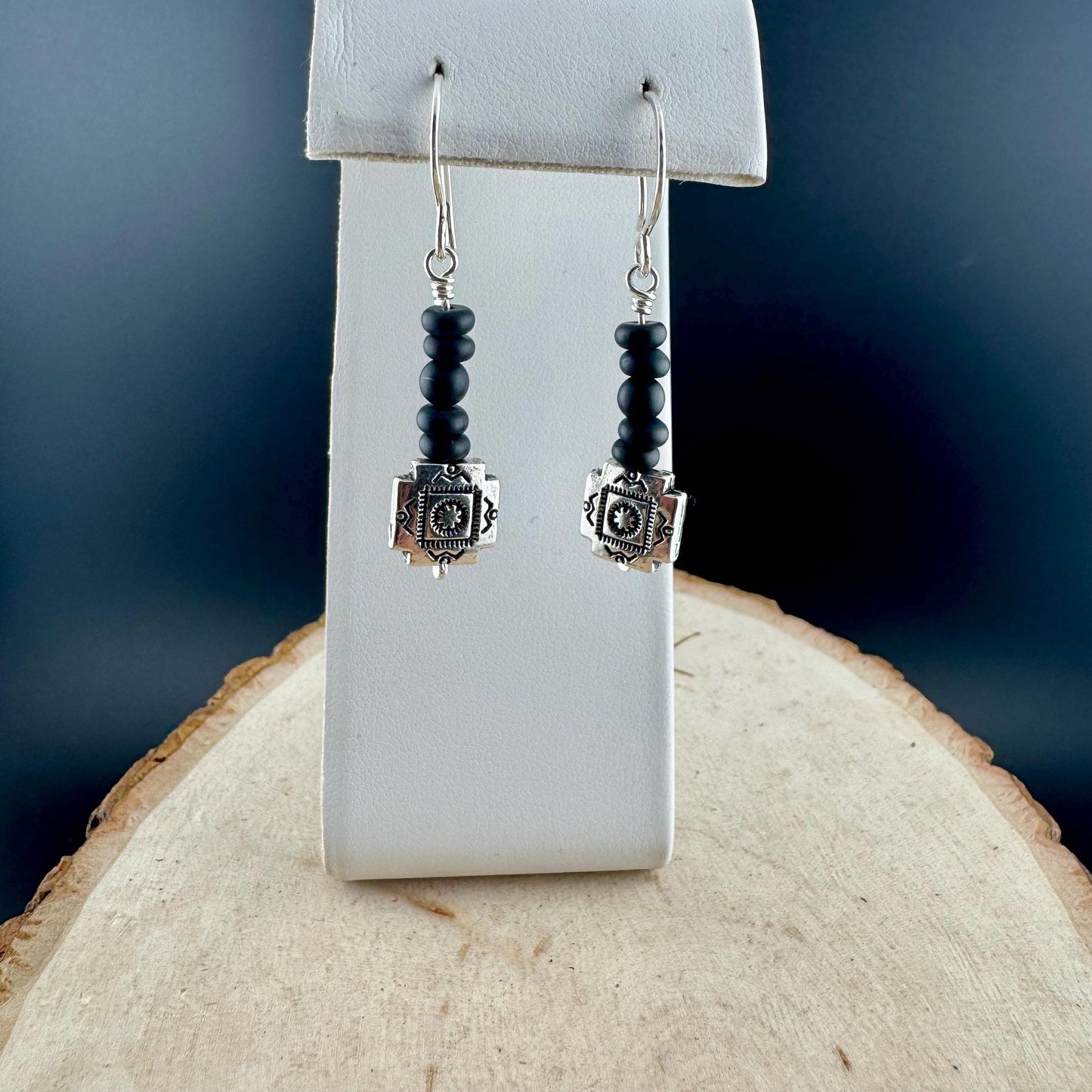 Onyx Dangle Earrings: Southwestern Aztec Sterling Silver