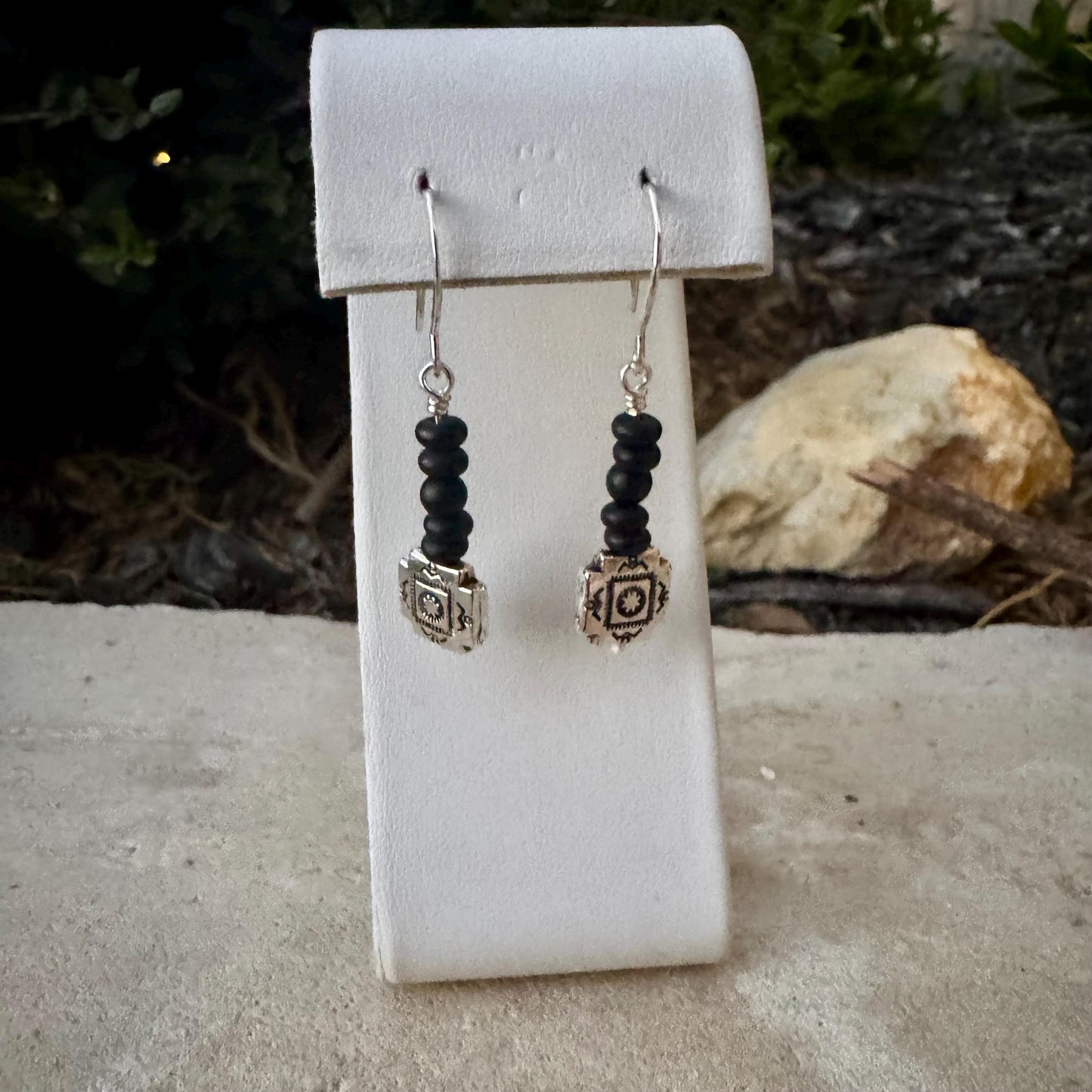 Onyx Dangle Earrings: Southwestern Aztec Sterling Silver