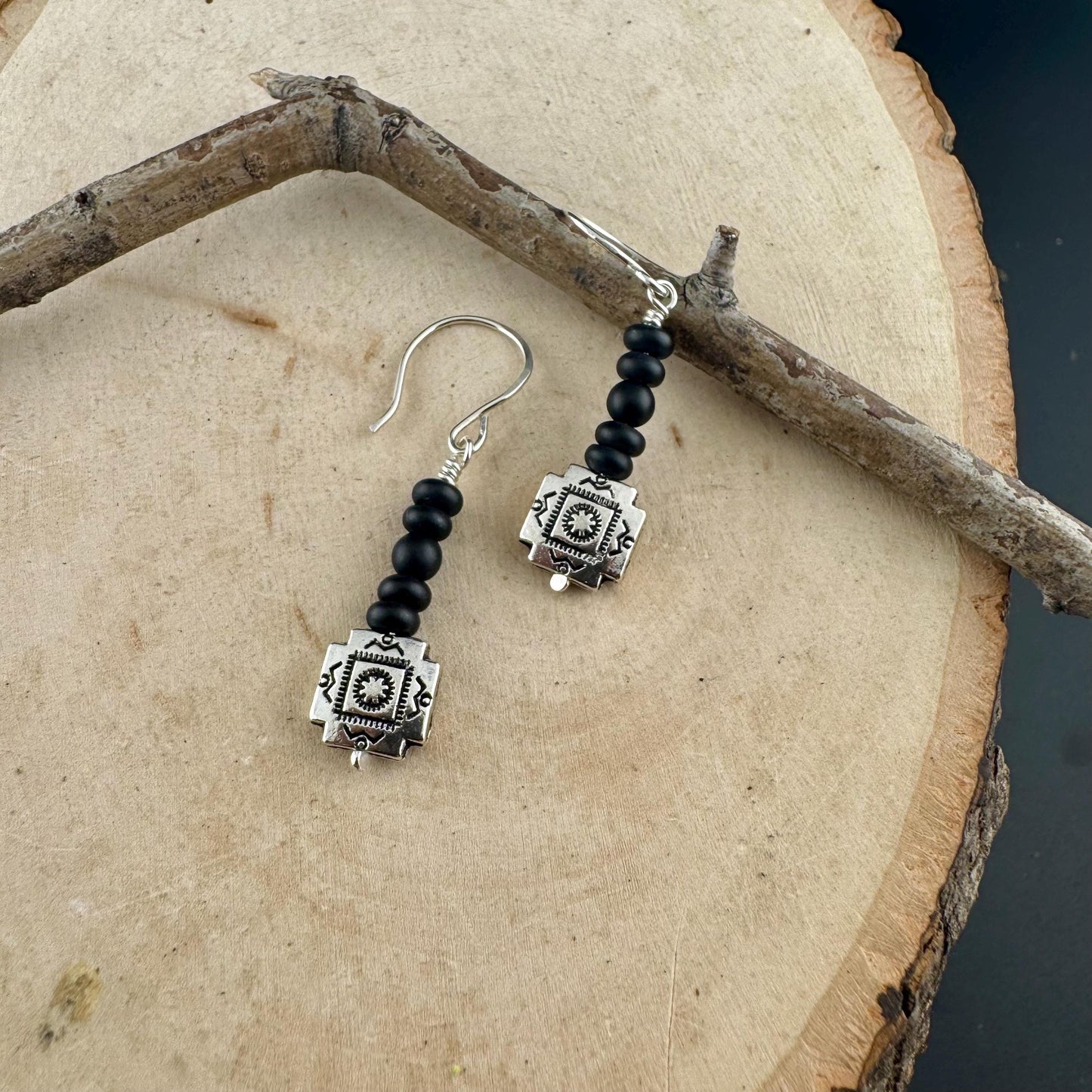 Onyx Dangle Earrings: Southwestern Aztec Sterling Silver