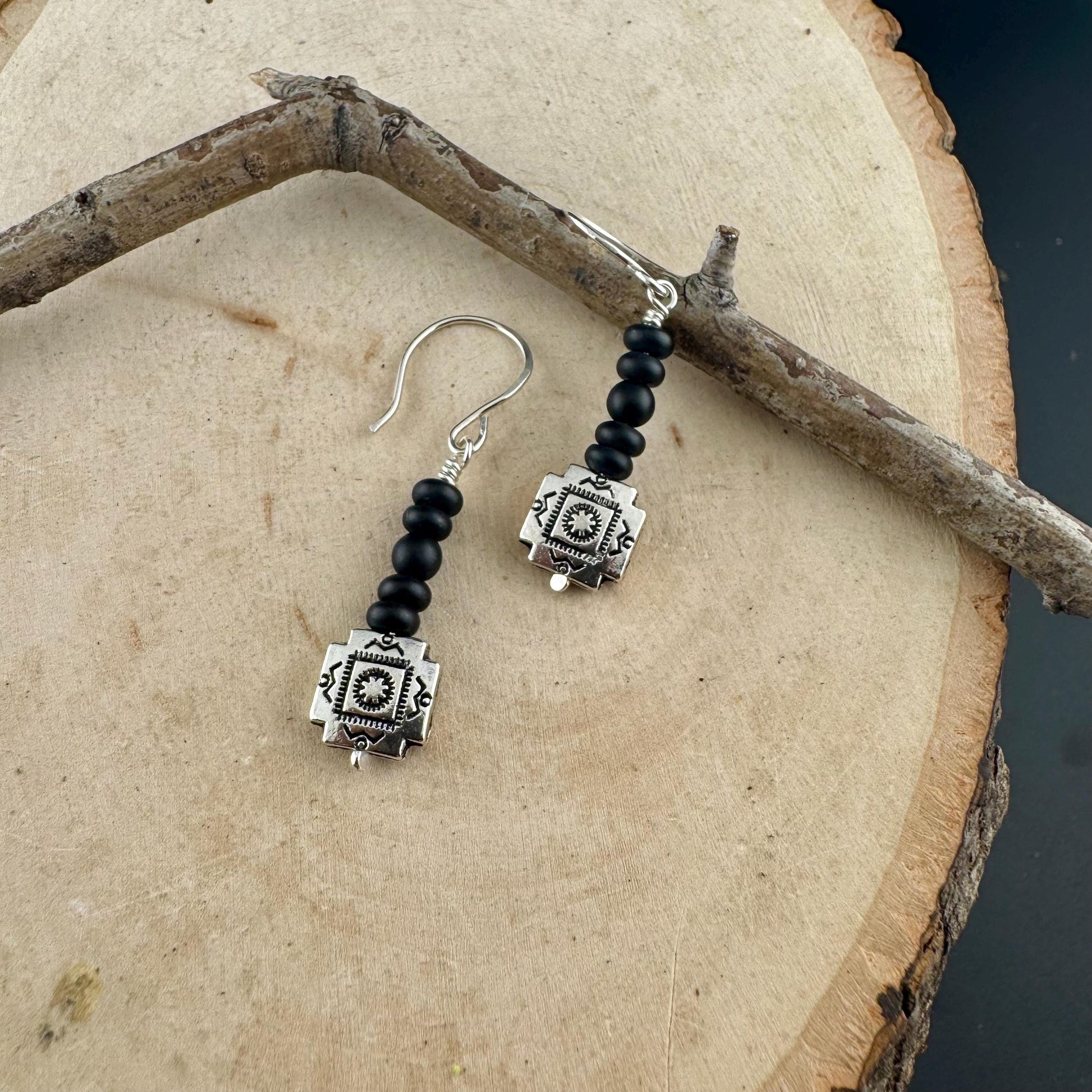 Onyx Dangle Earrings: Southwestern Aztec Sterling Silver