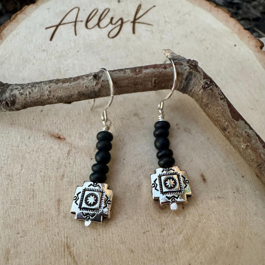 Onyx Dangle Earrings: Southwestern Aztec Sterling Silver