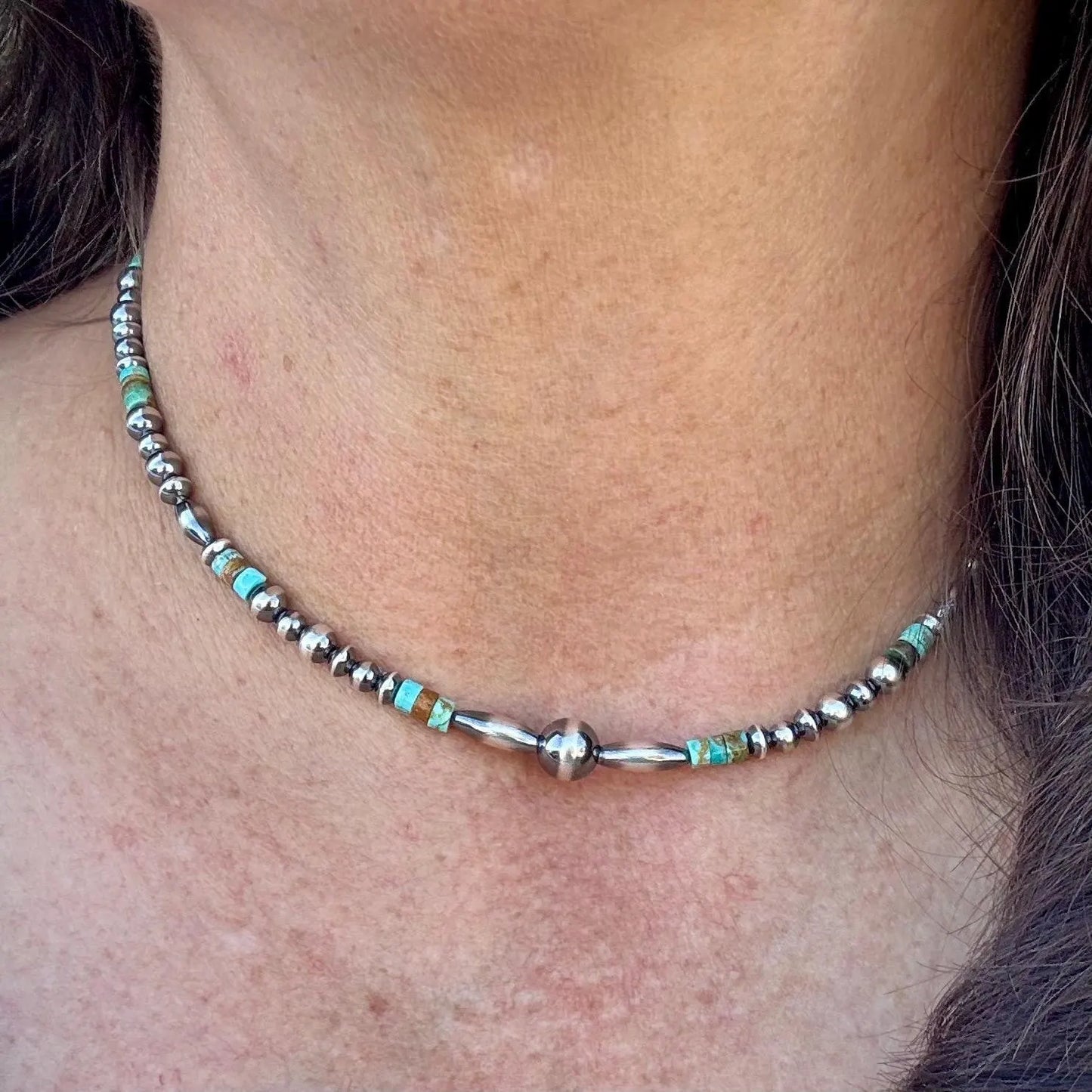 Desert Pearl & Kingman Turquoise Choker Necklace • Sterling Silver Southwest Style