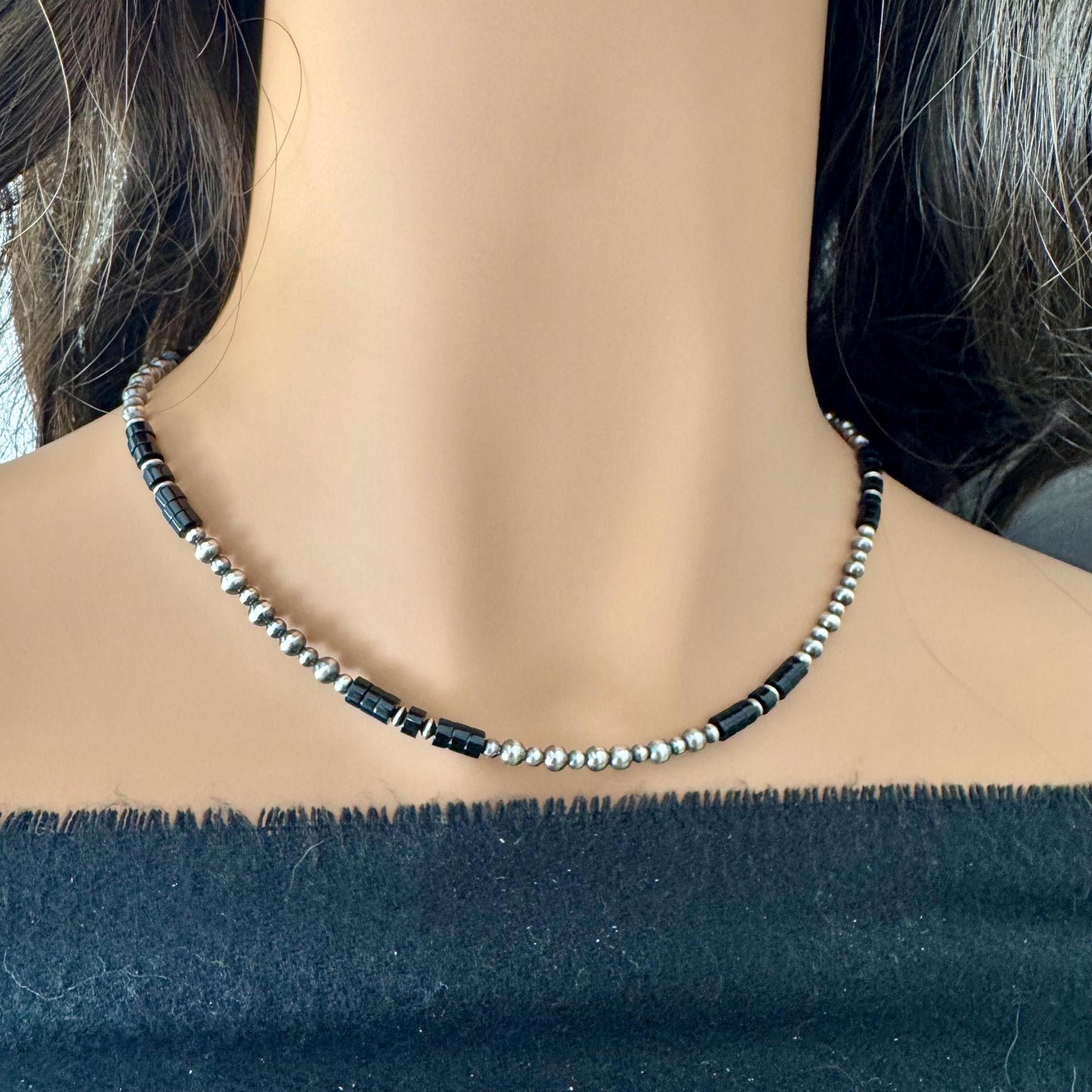 Black Onyx Navajo Pearl & Necklace - Elegant Sterling Silver Heishi Gemstone Jewelry