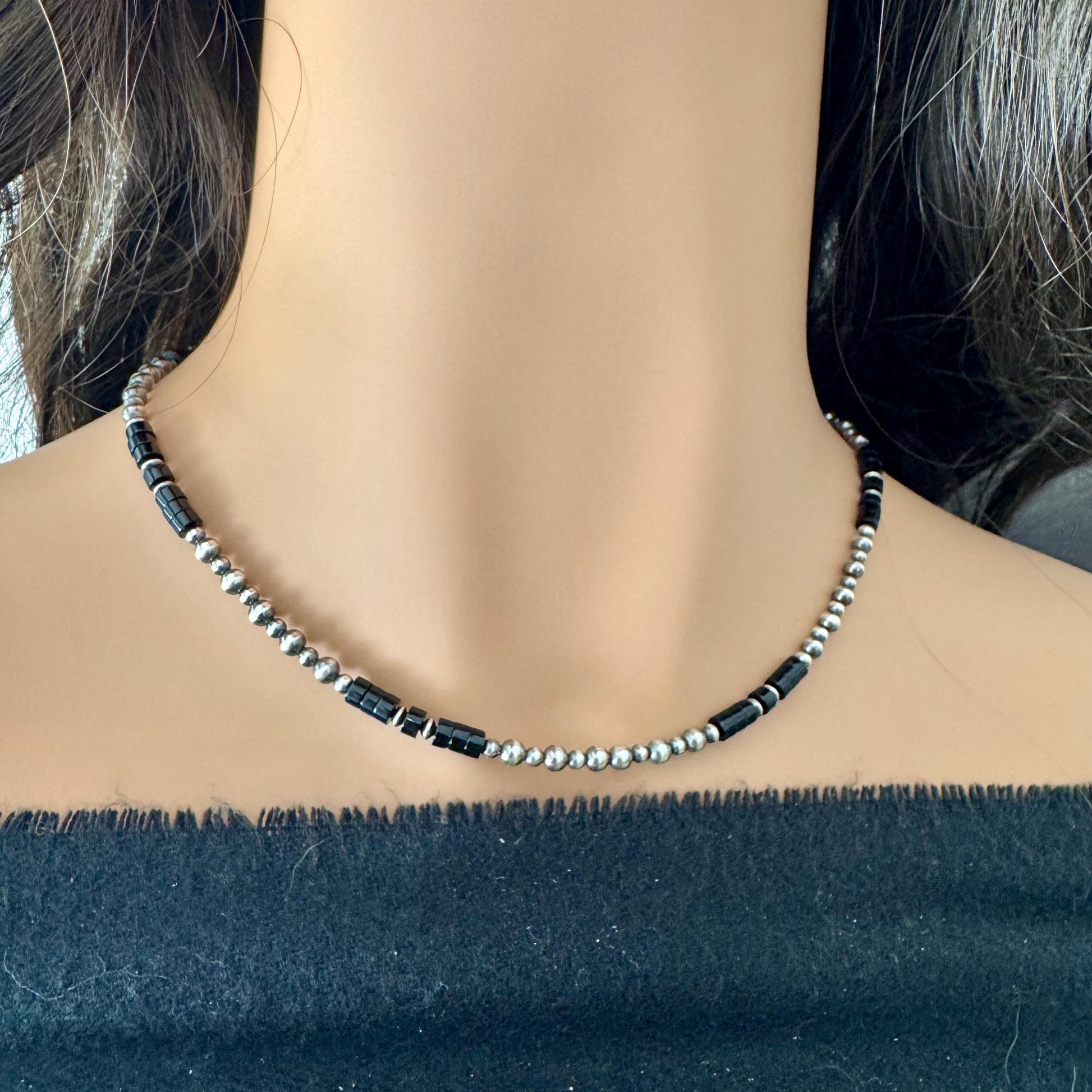 Black Onyx Navajo Pearl & Necklace - Elegant Sterling Silver Heishi Gemstone Jewelry