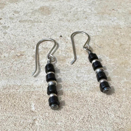 Navajo Pearl Earrings with Hematite & Onyx, Sterling Silver Gemstone Dangle Earrings