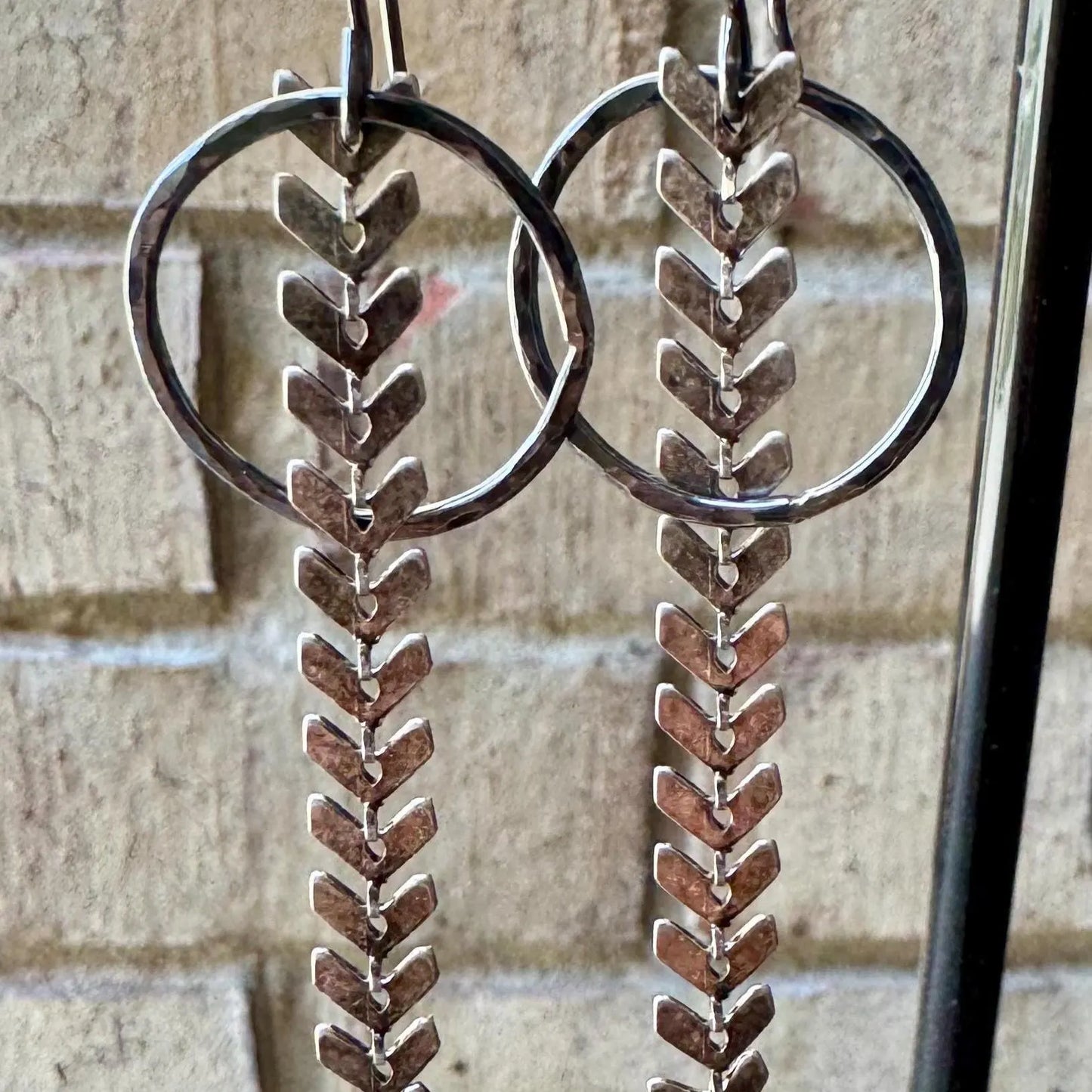 Chevron Chain Earrings, Sterling Silver Circle Accent Earrings